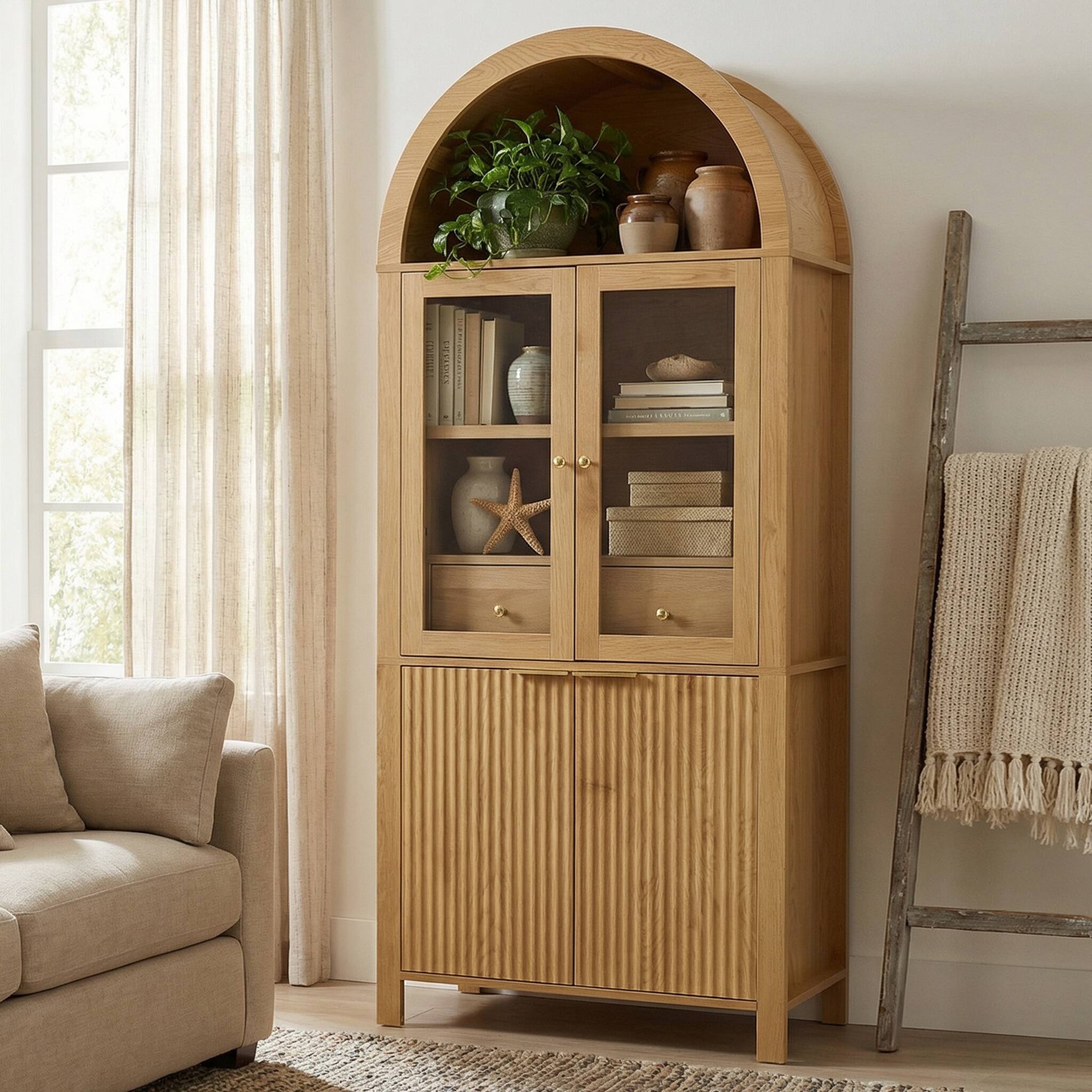 Back. Loheer - Loheer Arched Pantry Cabinet, Oak Tall Pantry Cabinet with Glass Doors, Drawer, Adjustable Shelves, Fluted Storage - Oak.