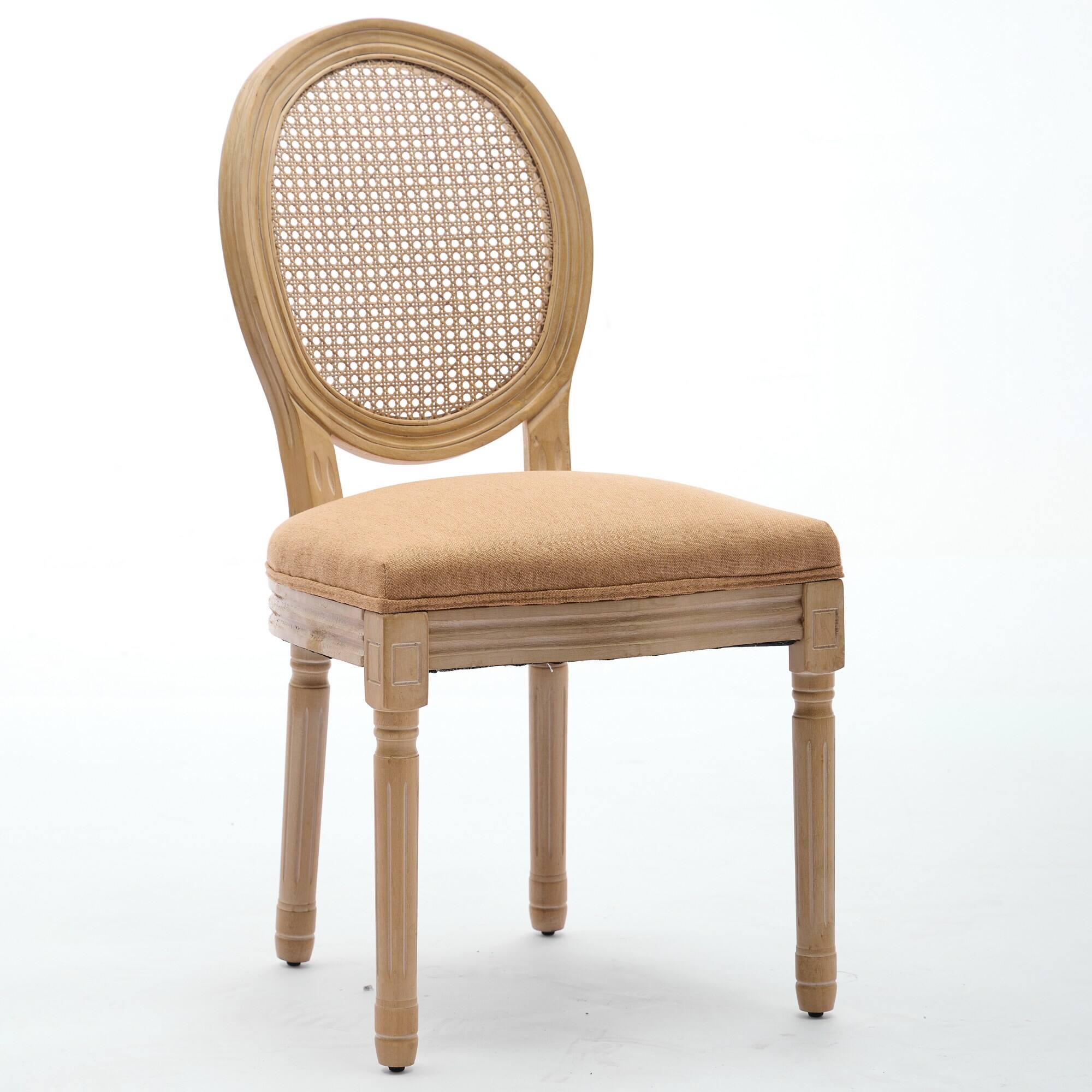 Left. Tiramisubest - French Style Solid Wood Frame Antique Painting Linen Fabric Rattan Back Dining Chair,Set of 2,Tan - Tan.