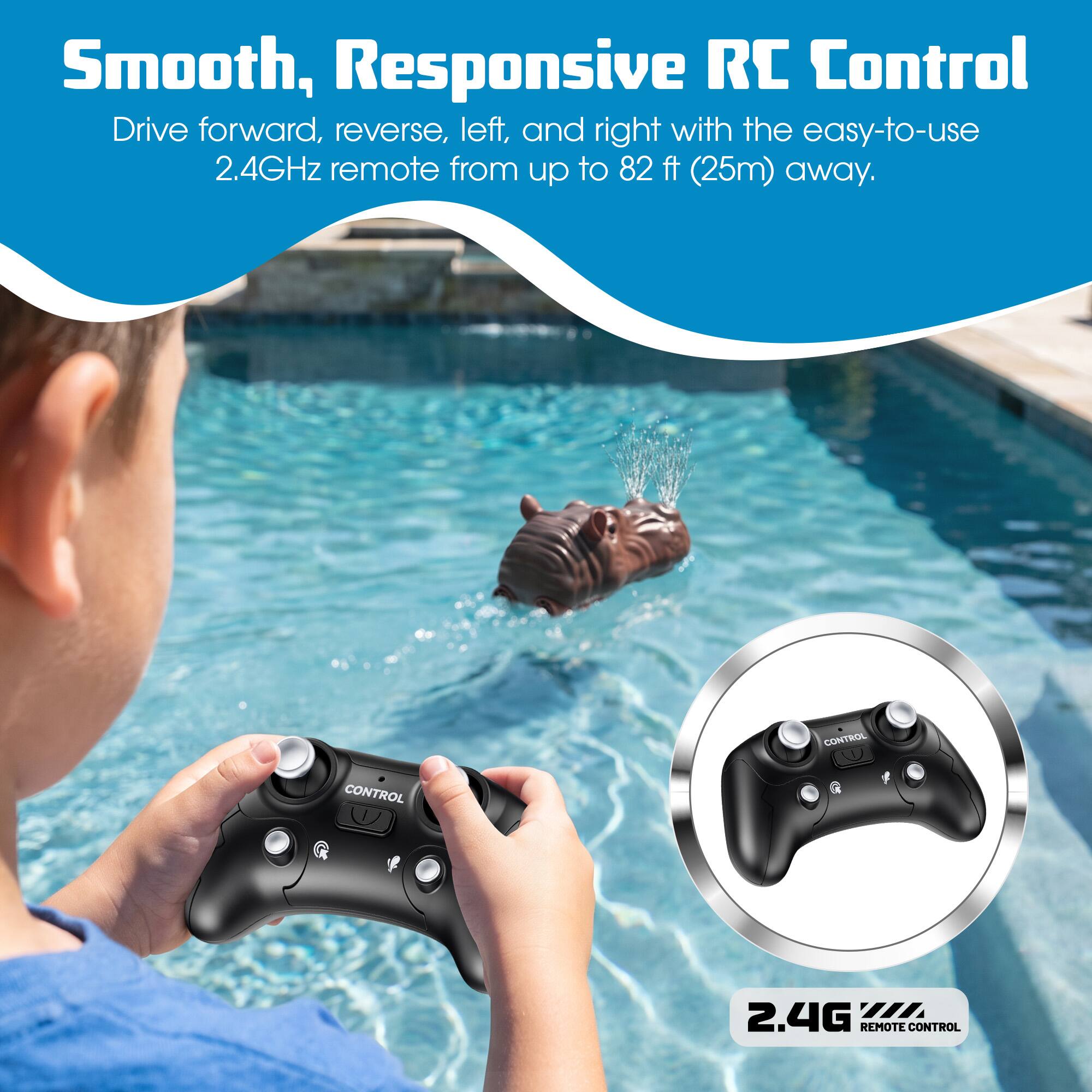 Smooth, Responsive RC Control  
Drive forward, reverse, left, and right with the easy-to-use 2.4GHz remote from up to 82 ft (25m) away.  

CONTROL  
CONTROL  
2.4G /// REMOTE CONTROL