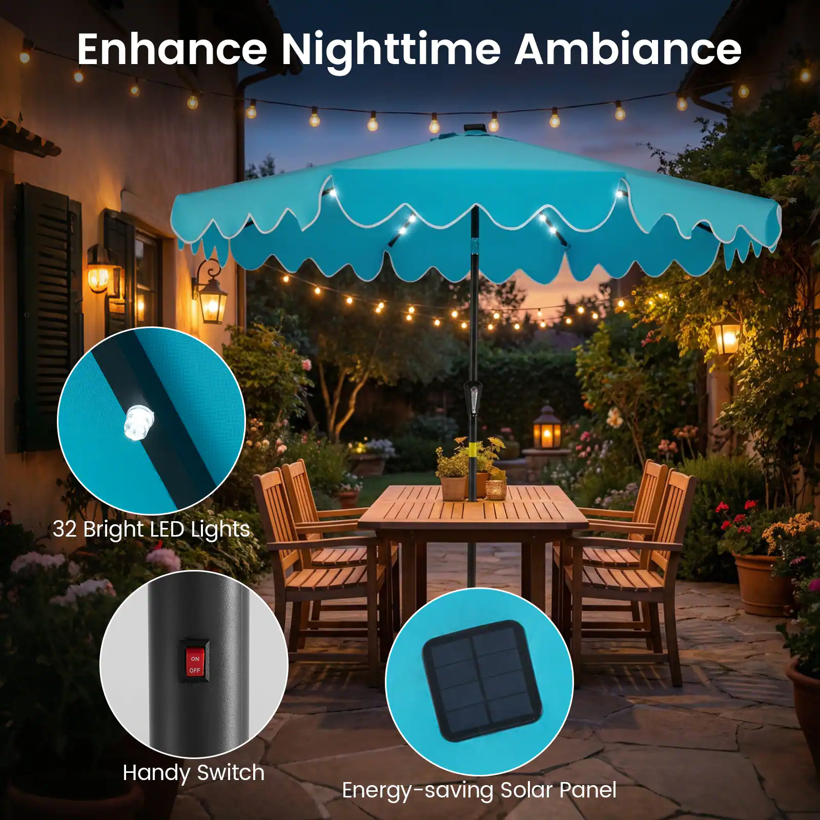 Enhance Nighttime Ambiance

- 32 Bright LED Lights
- Handy Switch
- Energy-saving Solar Panel