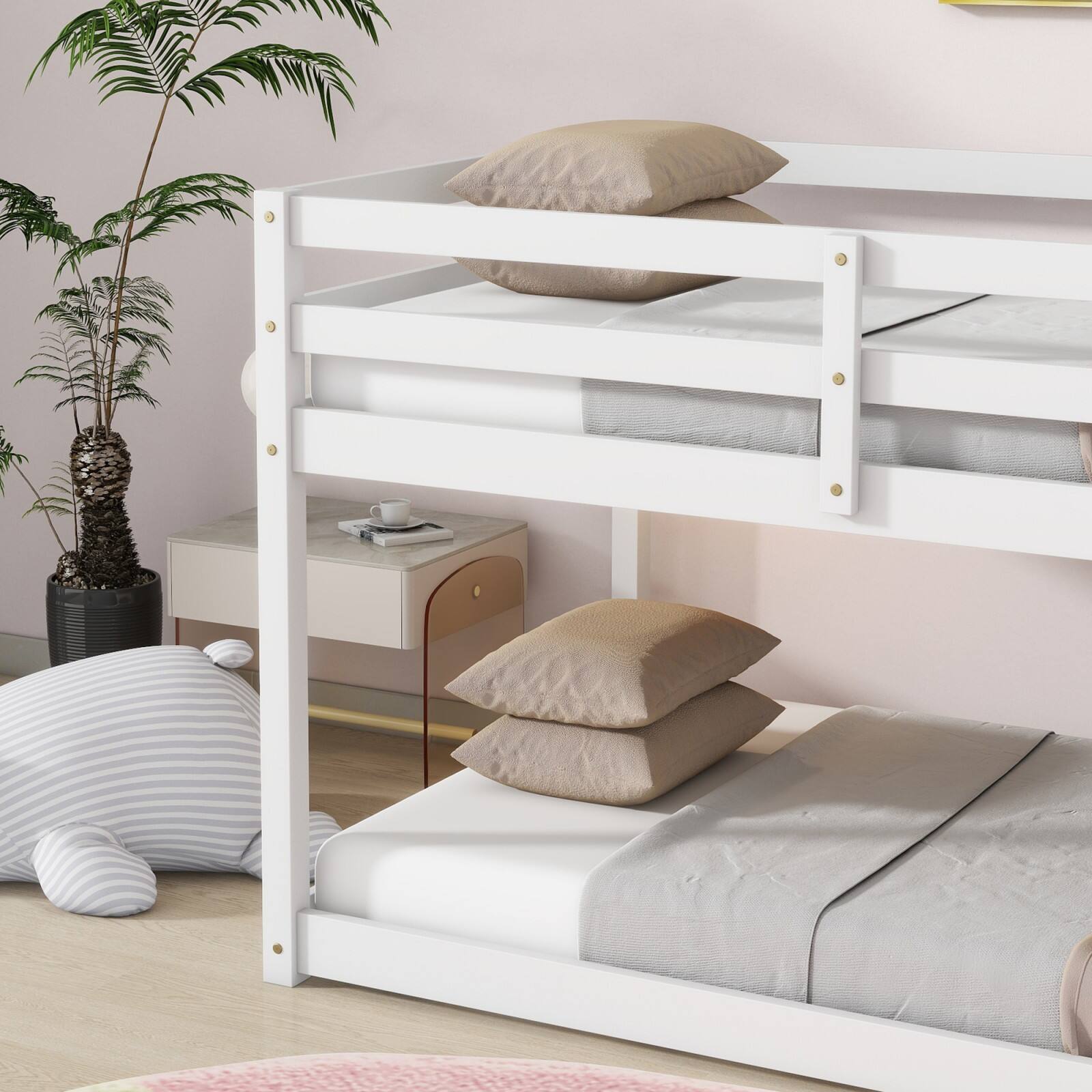 Alt View 5. Ecooso - Solid Wooden, Solid Rubber Wooden Twin over Twin Floor Bunk Bed with Ladder, with Bed Platform of Strengthened Slats - White.