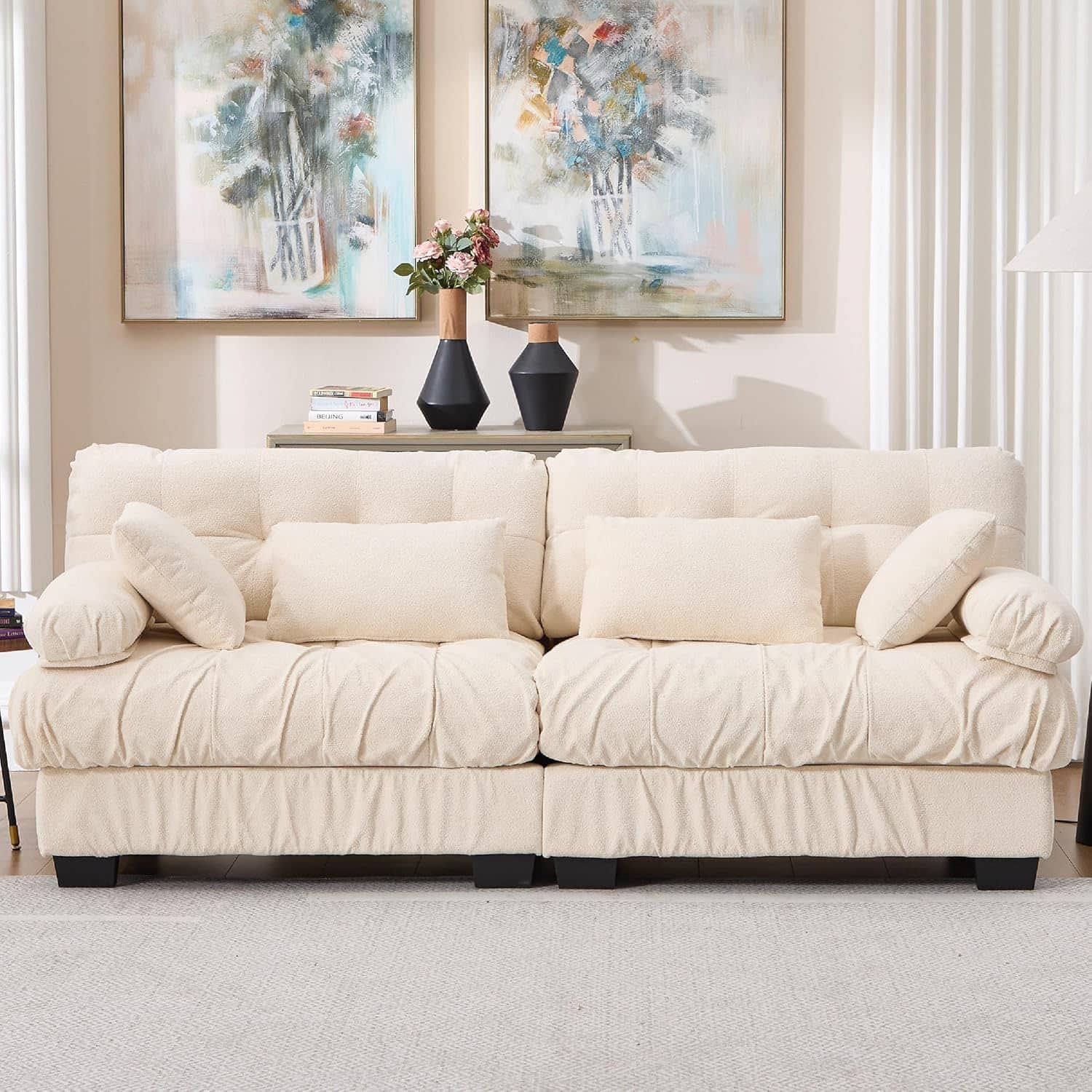 Trinkets Crazed - 88" Boucle Sectional Loveseat Sofa, Comfy Modular Convertible Couch Sofa Set w/Pillows - Beige