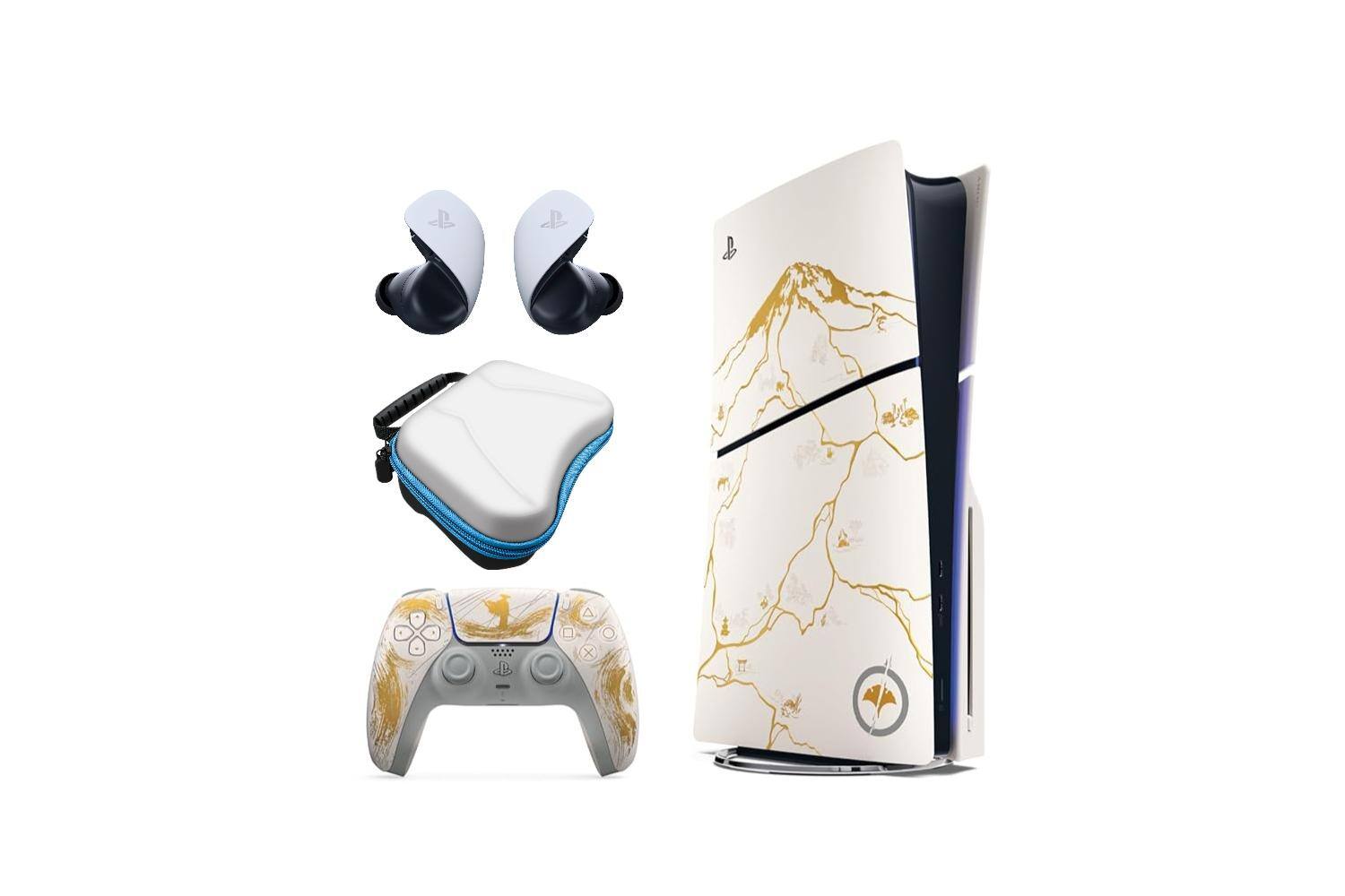 Front. Sony - Sony PS5 Ghost of Yotei Limited Edition Bundle + Pulse Explore Earbuds + Case - White.
