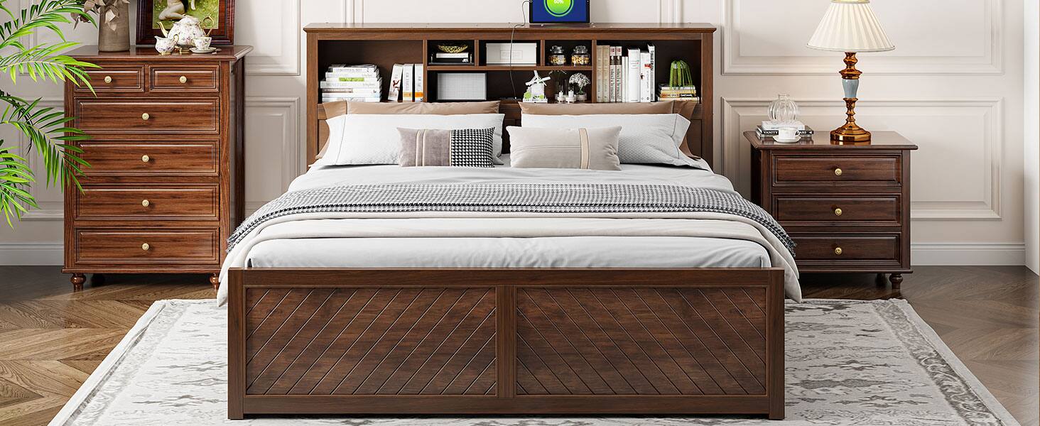 Left. Tiramisubest - King Size Wood Platform Bed with Multi-storage Headboard, USB and Drawers, Antique Wood Color - Wood.