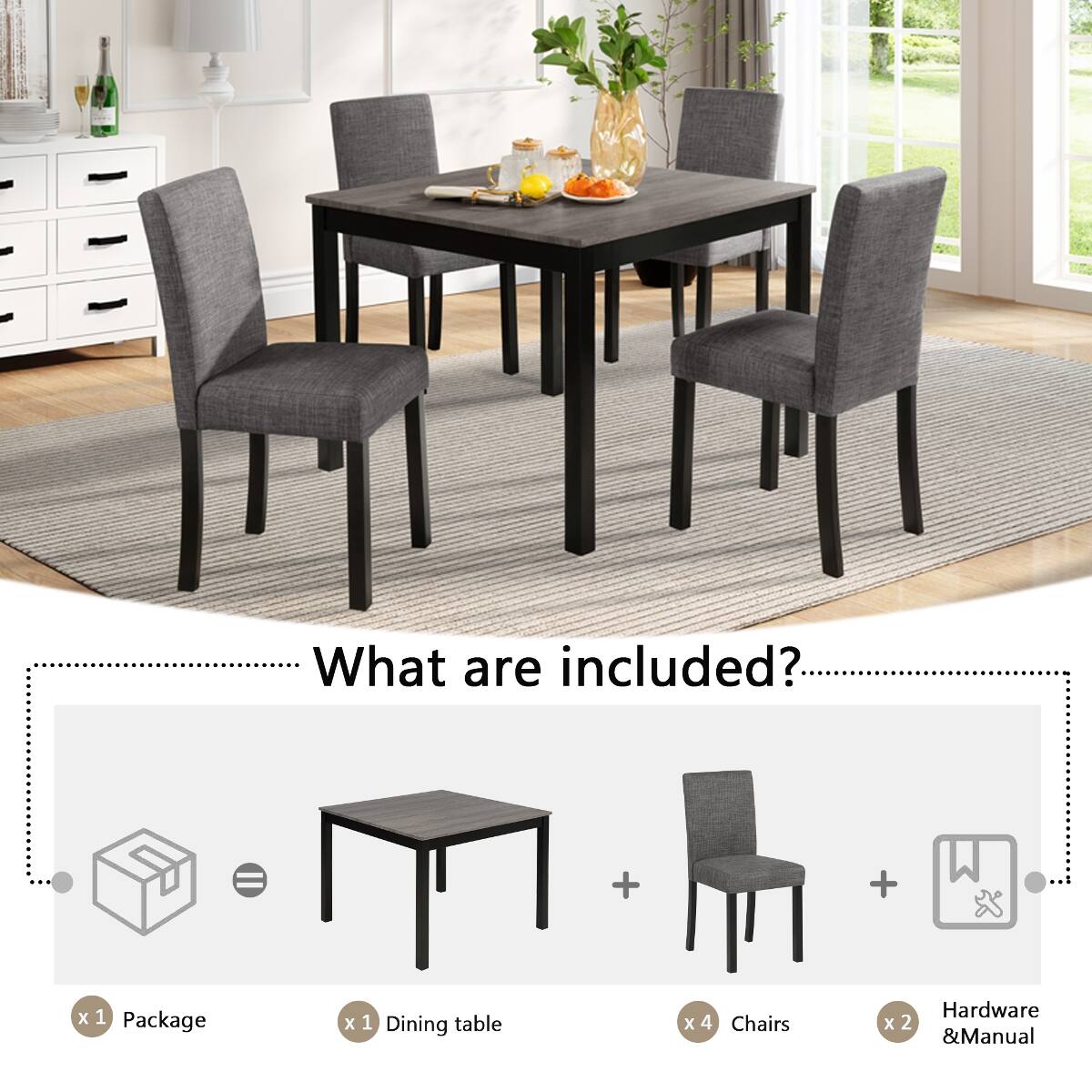 What are included?

x1 Package  
x1 Dining table  
x4 Chairs  
Hardware x2 & Manual