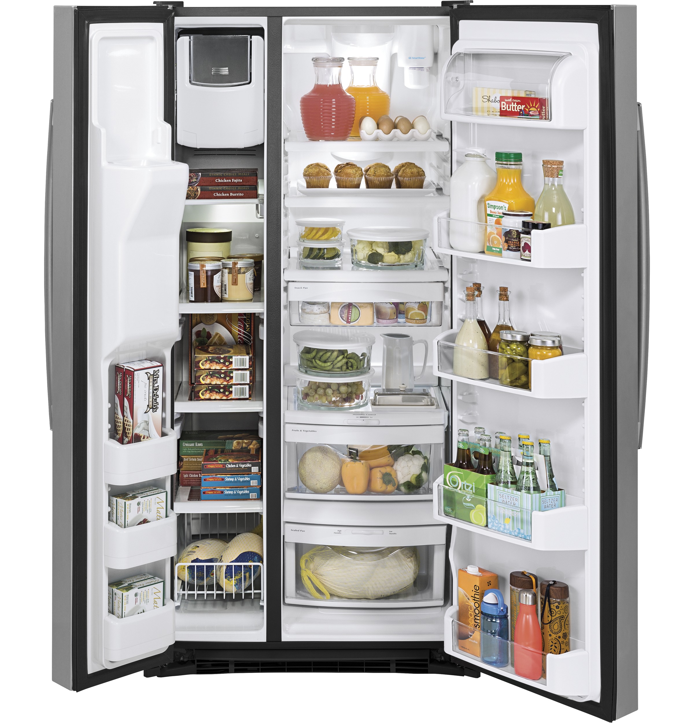GE - 23.2 Cu. Ft. Side-by-Side Refrigerator with Thru-the-Door Ice and Water - Stainless steel