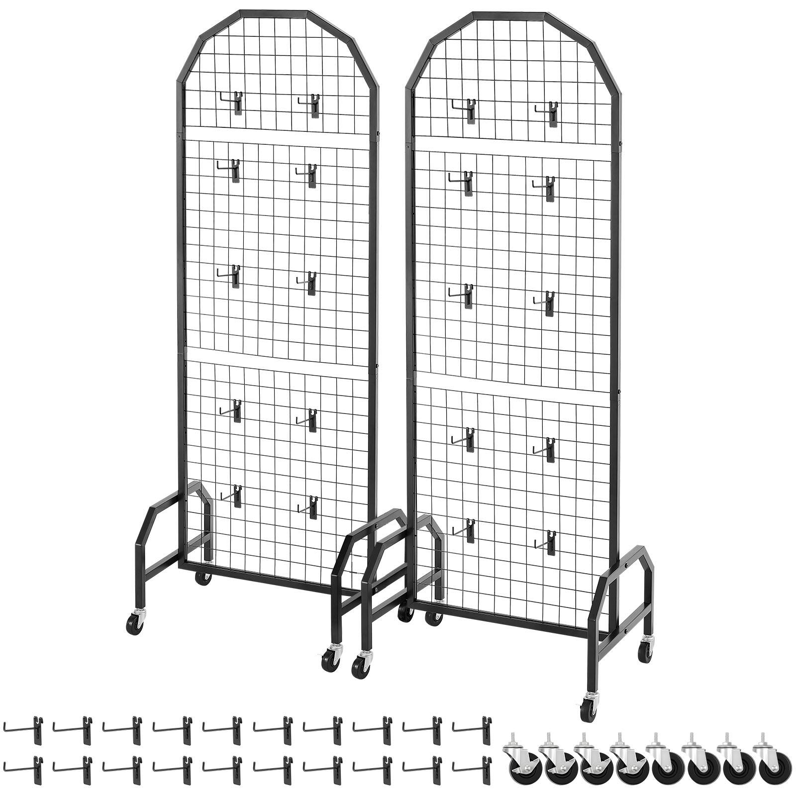 Alt View 5. VEVOR - 2 Packs Grid Wall Panels,1.9 x 5.4 ft Wire Grid Panels Display Rack, Movable Art Display Shelf with Wheels and 20 Hooks - Black.