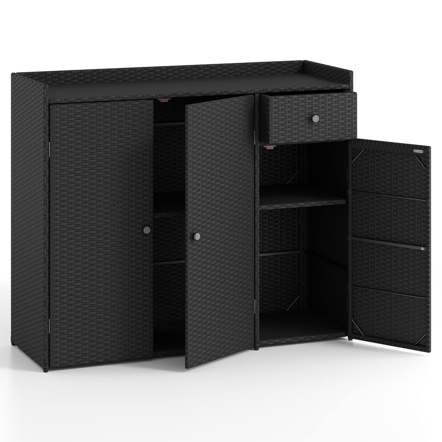 Front. WELLFOR - 3 Doors Outdoor PE Wicker Storage Cabinet for Deck - Black.
