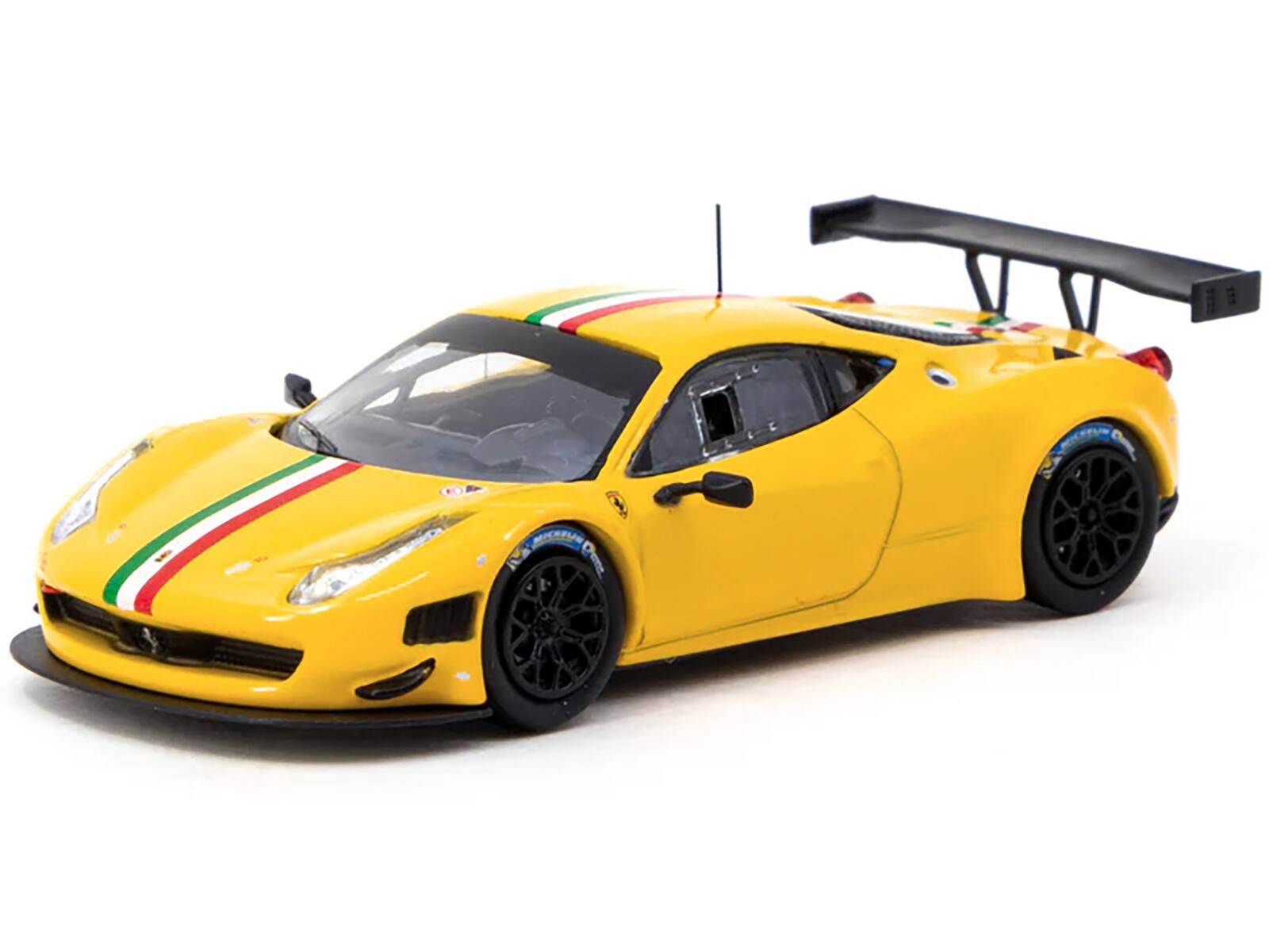 Angle. Tarmac Works - Ferrari 458 Italia GT3 Yellow with Italian Flag Stripes "Road64" Series 1/64 Diecast Model Car by Tarmac Works - Yellow.