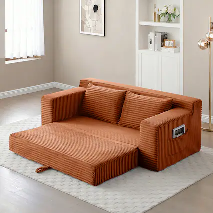 Front. Trinkets Crazed - Memory Foam Cloud Loveseat Sofa,2 in 1 Convertible Folding Couch Bed,No Assembly Compressed Corduroy Floor Lounge Sofa - Orange.