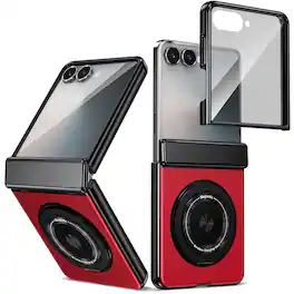 Dteck - Full Hinge Phone Case for Samsung Galaxy Z Flip8 with Tempered Glass Screen Protector,Rugged Ring Stand Hard PC Cover - Red