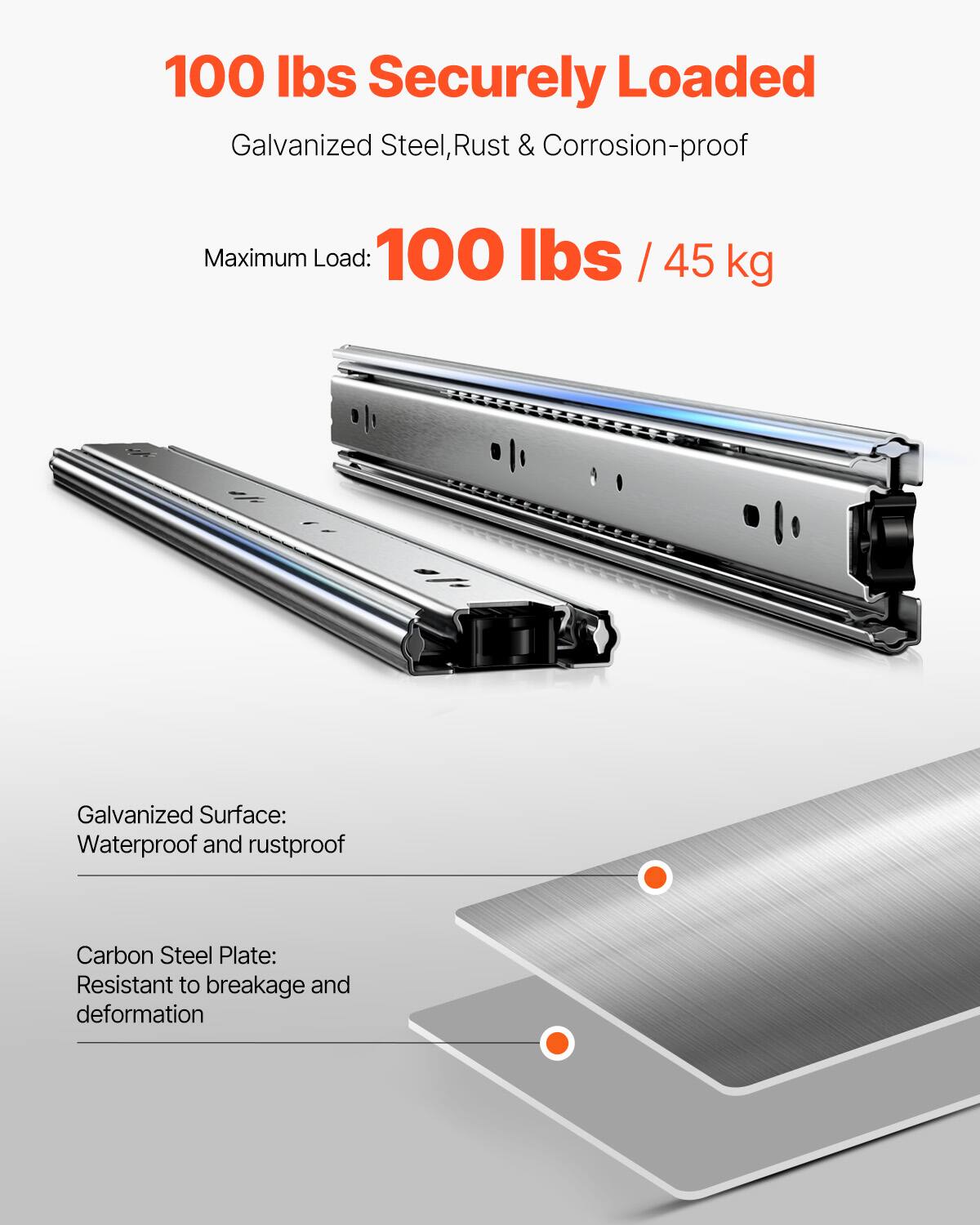 100 lbs Securely Loaded  
Galvanized Steel, Rust & Corrosion-proof  

Maximum Load: 100 lbs / 45 kg  

Galvanized Surface: Waterproof and rustproof  

Carbon Steel Plate: Resistant to breakage and deformation