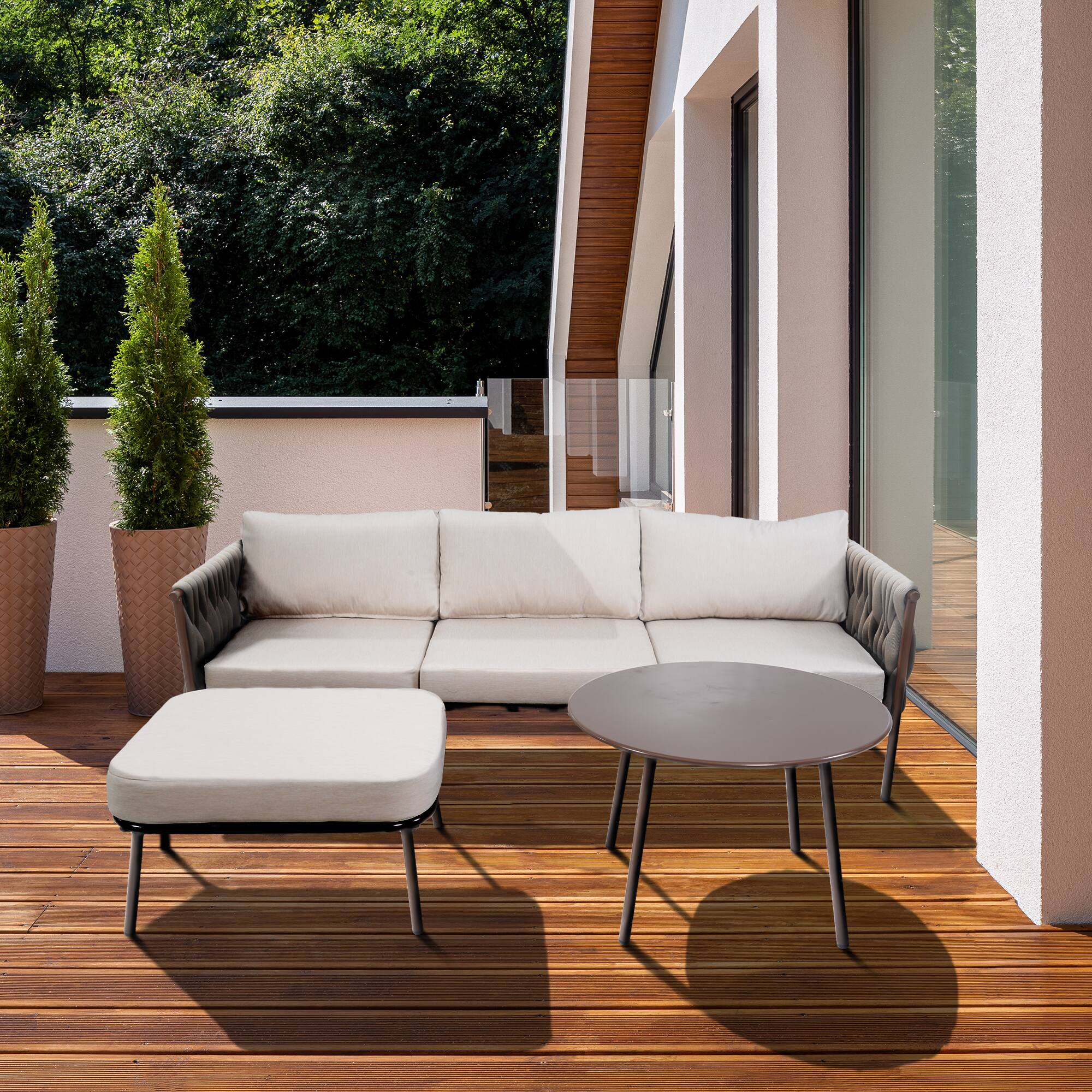 Alt View 1. Yardgrace - Outdoor Patio Sectional Sofa Set Round Coffee Table 4 Seat Deep Seating Washable Cushions Chestnut Brown Creamy Apricot - Whlite.