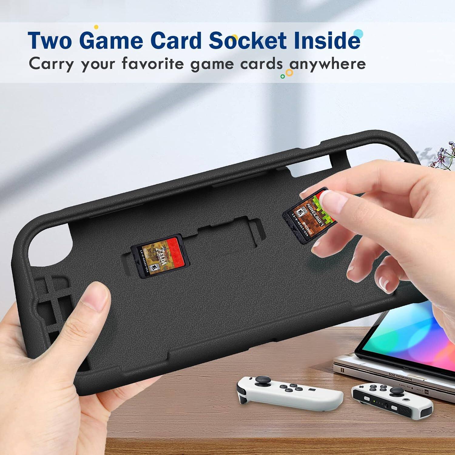 Two Game Card Socket Inside  
Carry your favorite game cards anywhere

LA-H-AAAAR-USA  
ZELDA  
INFORMATION  
MINECRAFT