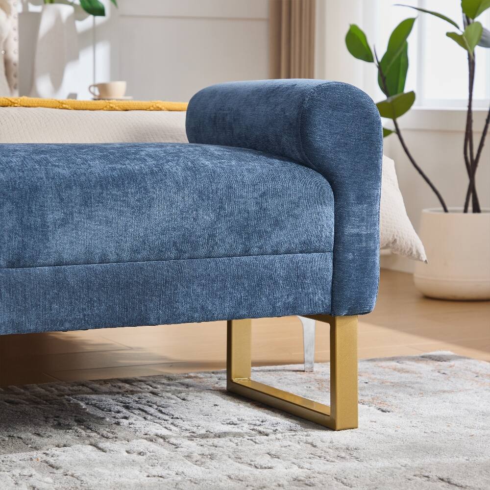 Alt View 8. Ropilly - Ropilly Blue Chenille End of Bed Bench Upholstered Bedroom Ottoman Bench with Gold Legs and Arms for Entryway - Blue.