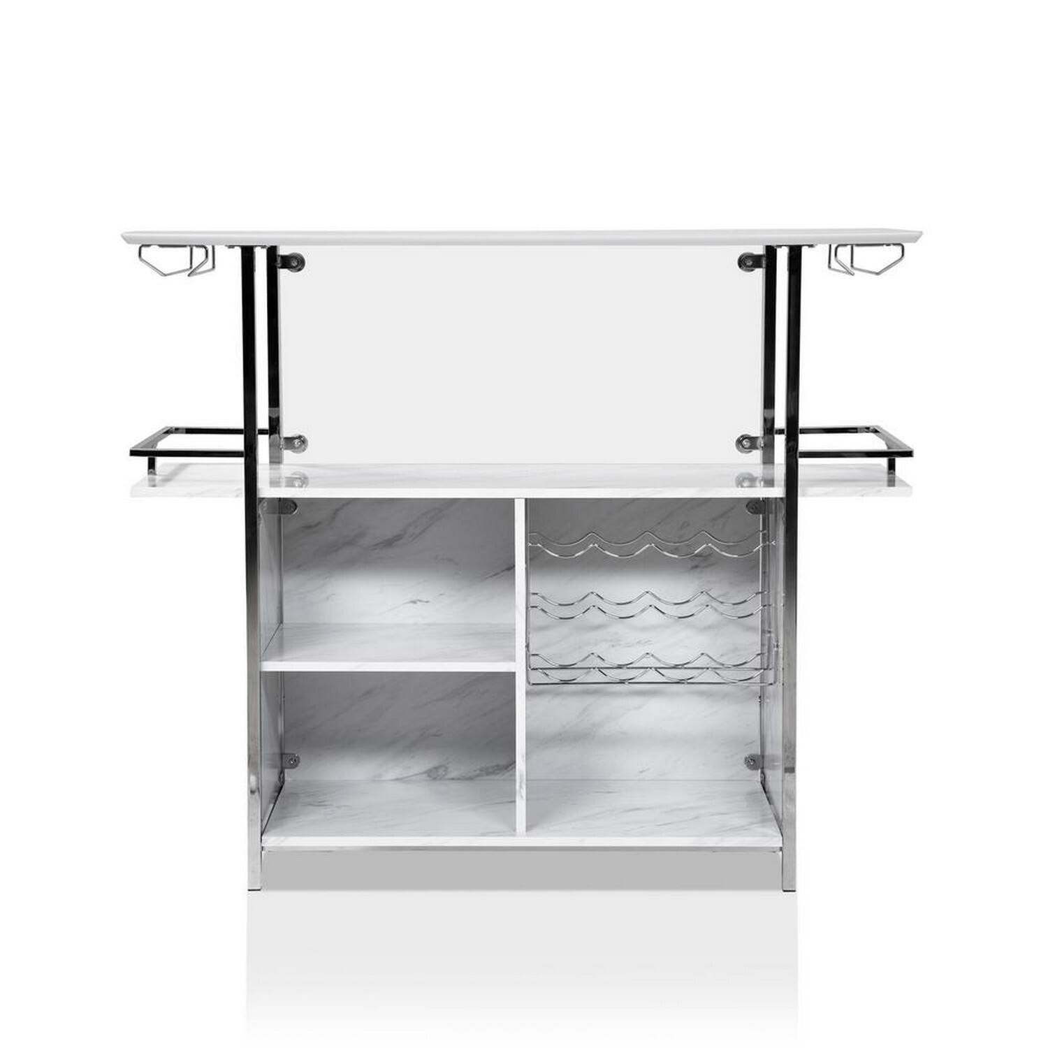 Alt View 1. Manhattan Lane - Bar Table with Faux Marble and Chrome Finish, White and Silver - White, Silver.