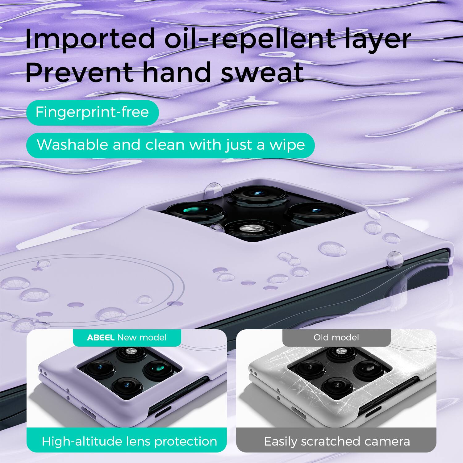 Imported oil-repellent layer  
Prevent hand sweat  
Fingerprint-free  
Washable and clean with just a wipe  

ABEEL New model  
High-altitude lens protection  

Old model  
Easily scratched camera