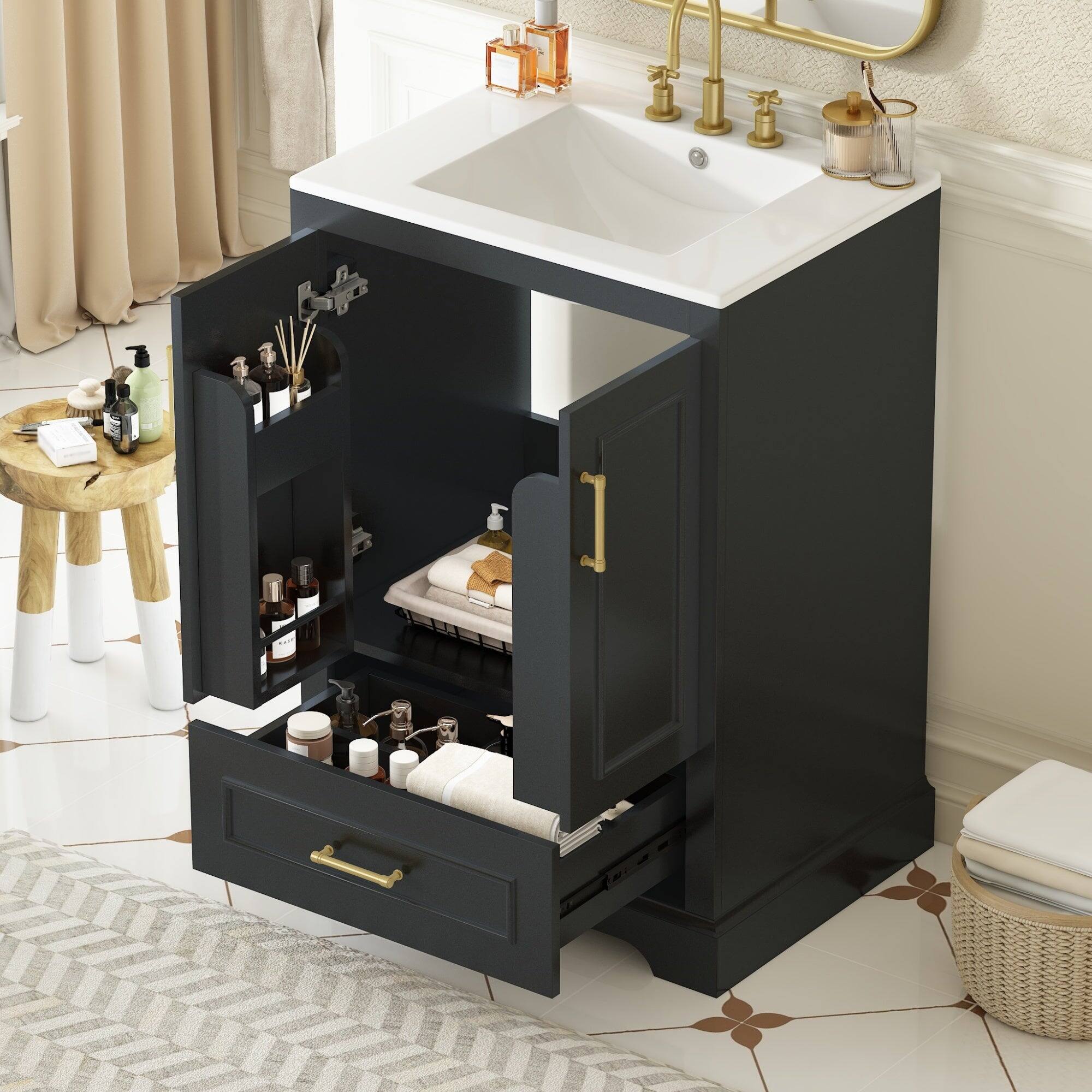 Alt View 5. Boyel Living - 24 Inch Black Bathroom Vanity with Ceramic Sink, Divider Drawer 2 Soft Close Doors with Dual Door Storage Racks - Black.