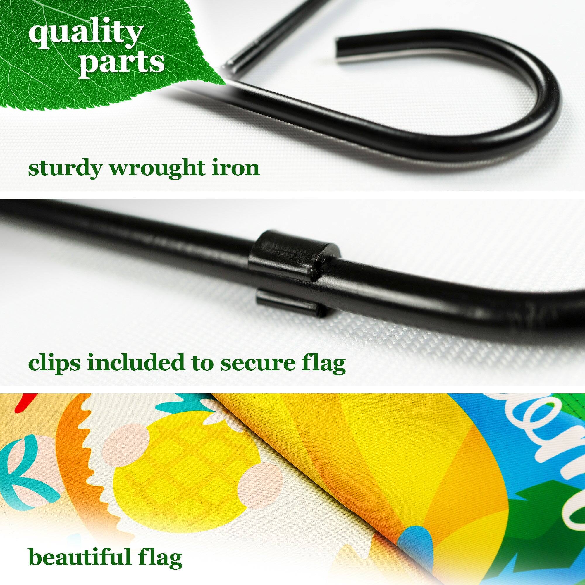 quality parts  
sturdy wrought iron  
clips included to secure flag  
beautiful flag