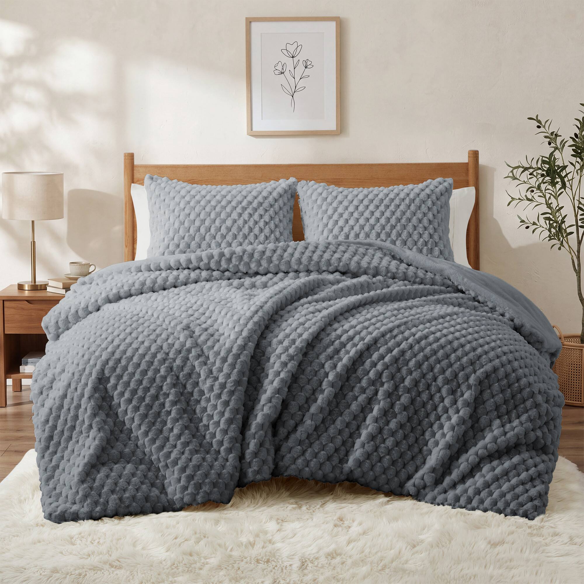 Front. Peace Nest - Peace Nest Faux Rabbit Fur Comforter Set, Ultra Soft Down Alternative Bedding Set, Dark Gray, Queen - Dark Gray.