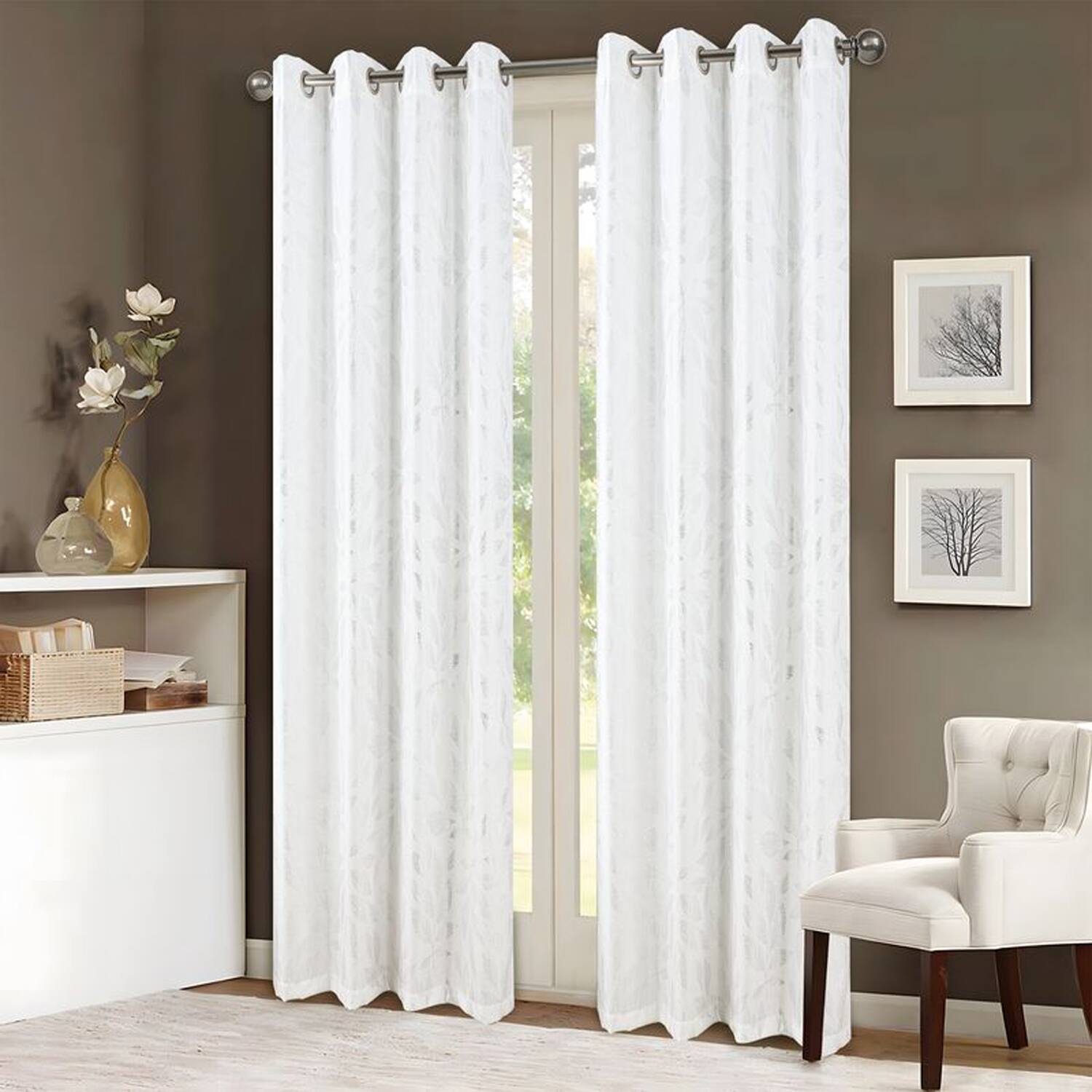 Angle. RT Designers Collection - RT Designers Collection Bexley Foil Jacquard Polyester Window Curtain Grommet Panel 52" x 84" White/Silver - White/Silver.