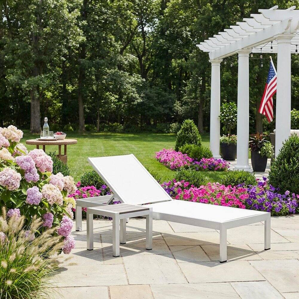 Left. Outdoor Escape - Aluminum Outdoor Patio Lounge Set With Backrest Support And Stacking-Free Design - White.