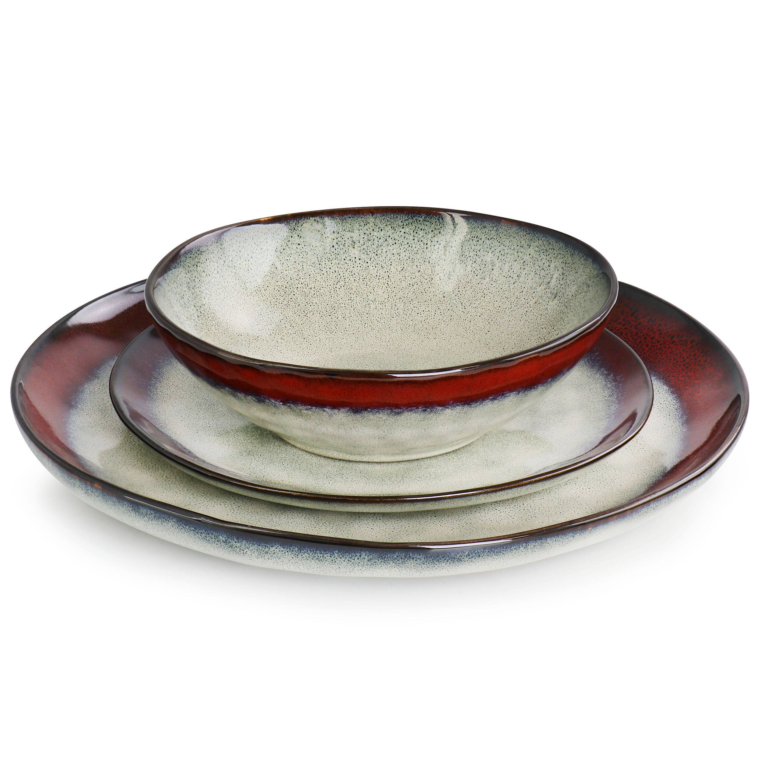 Alt View 2. Elama - Elama Samara 12 Piece Stoneware Dinnerware Set in Red and Off White - Red and Off White.