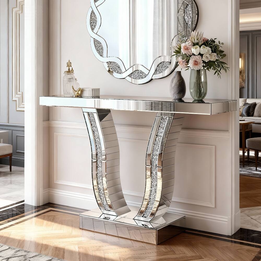 Angle. Loheer - Loheer 43 inch mirrored console table, silver glam entryway table with glass top - Silver.