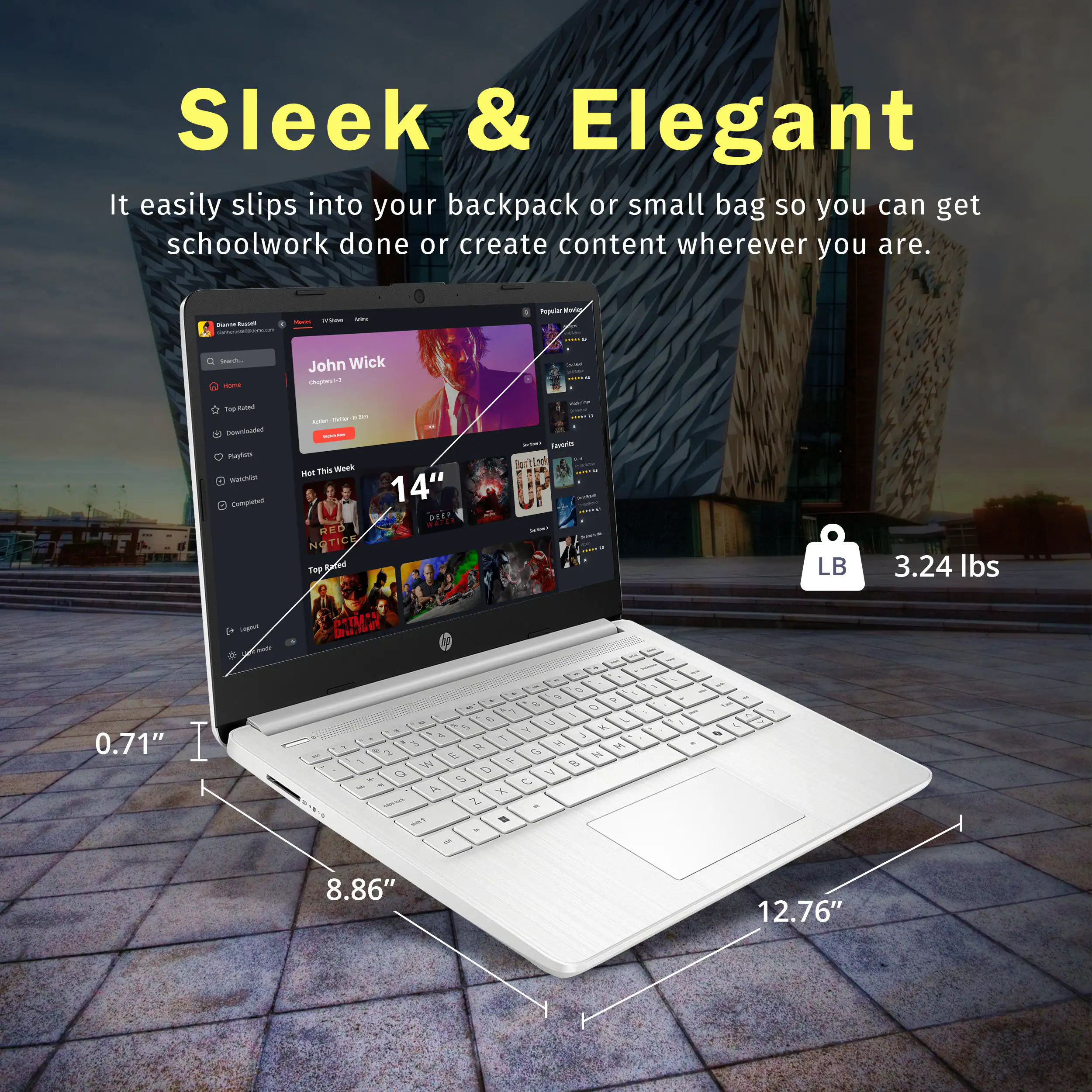 Sleek & Elegant It easily slips into your backpack or small bag so you can get schoolwork done or create content wherever you are. - - : i - Tp - - - John Wick -  . - I - -o - Compiatad - i - - Mel This -k 14" DEEP NED NOTICE ToP Seton Tauarm Dective N - LB 3.24 lbs LA DETTO Uniiuut 0.71" I - 1 V  - .  1 . 4 1o  S Y K & 1 4 T R K M 2 3 O N 1 W  e G D Y - - 5 C -  ' - Z. . - % . -  -  a f - 8.86" 12.76"