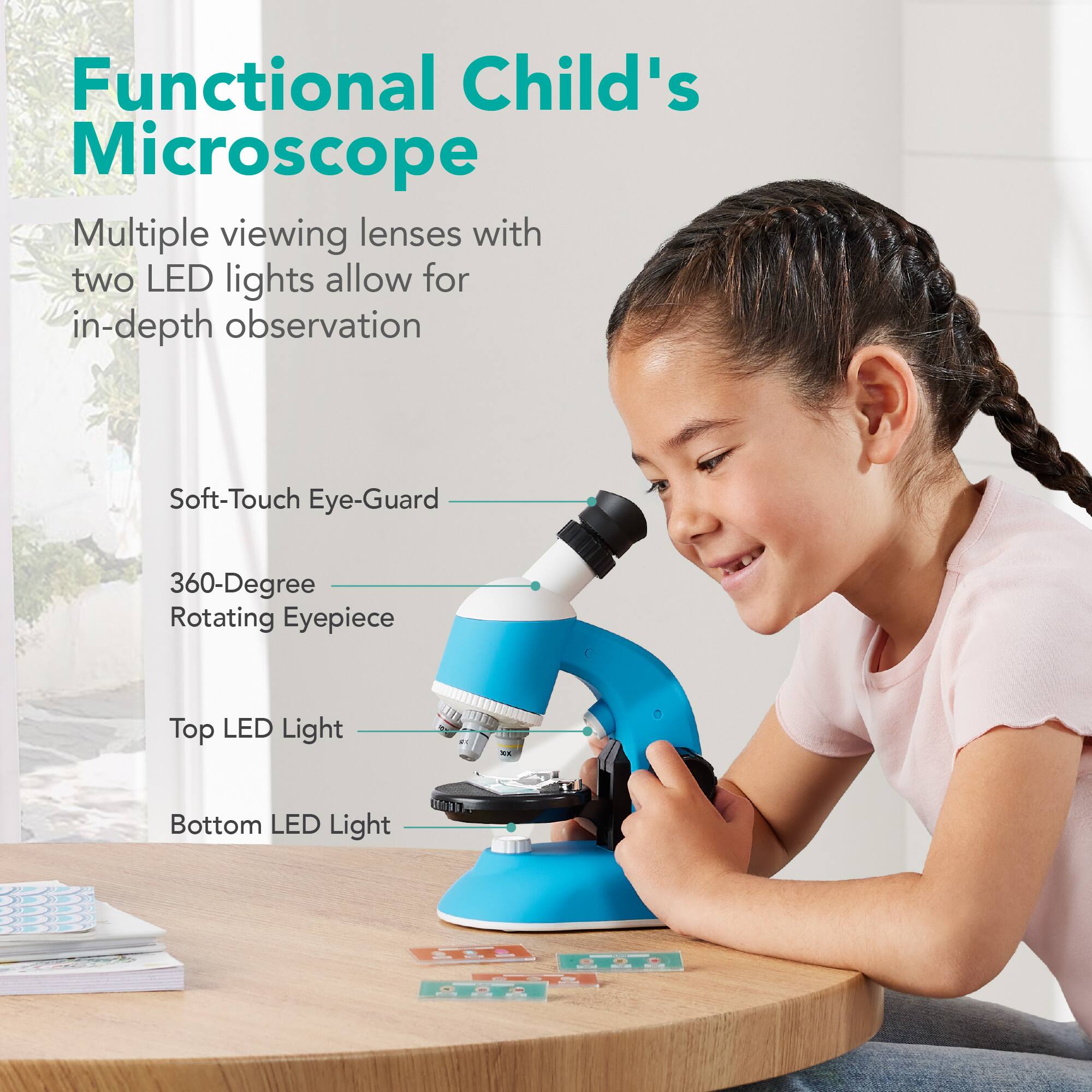 Functional Child's Microscope

Multiple viewing lenses with two LED lights allow for in-depth observation

- Soft-Touch Eye-Guard
- 360-Degree Rotating Eyepiece
- Top LED Light
- Bottom LED Light