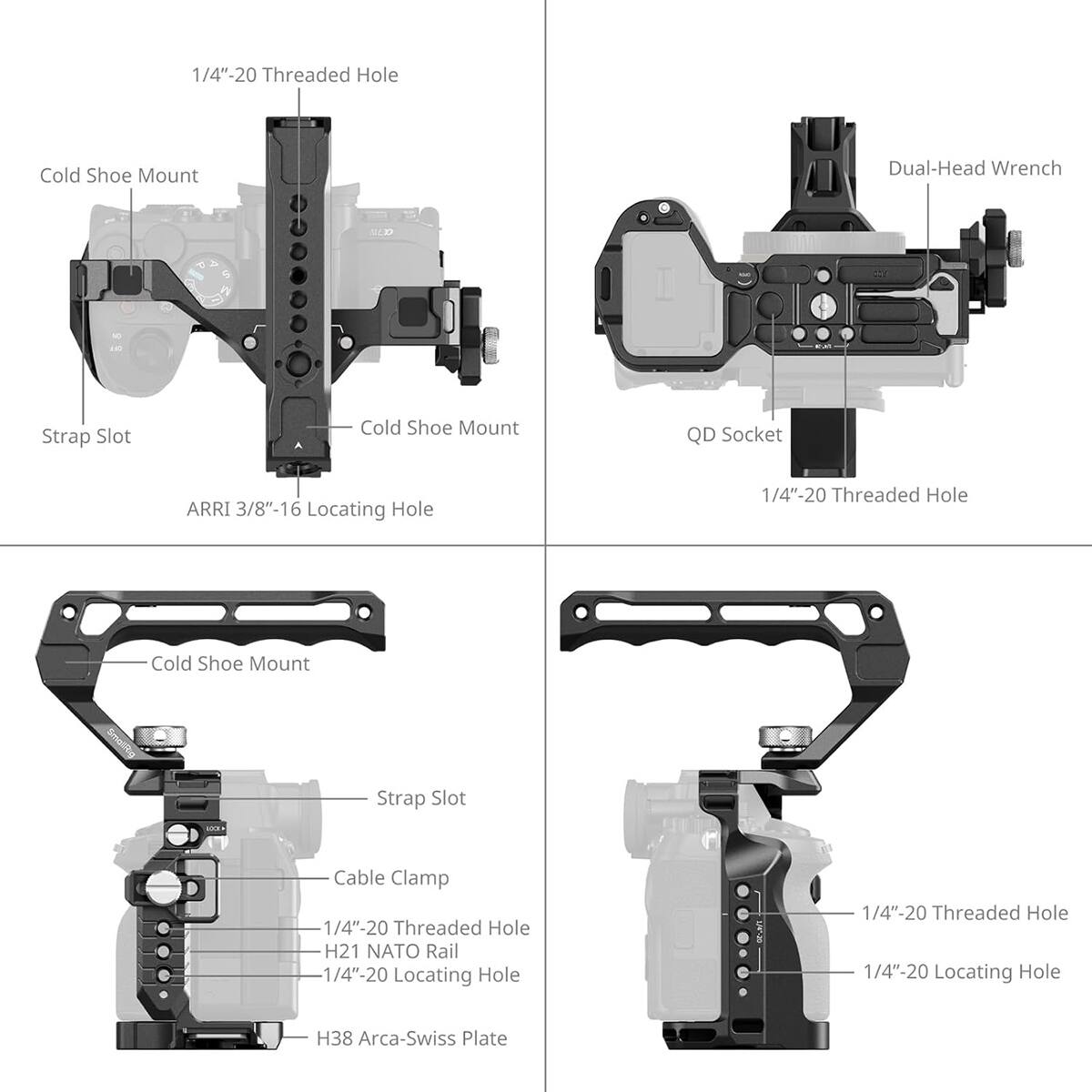 1/4"-20 Threaded Hole  
Cold Shoe Mount  
Strap Slot  
ARRI 3/8"-16 Locating Hole  
Dual-Head Wrench  
QD Socket  
H21 NATO Rail  
H38 Arca-Swiss Plate