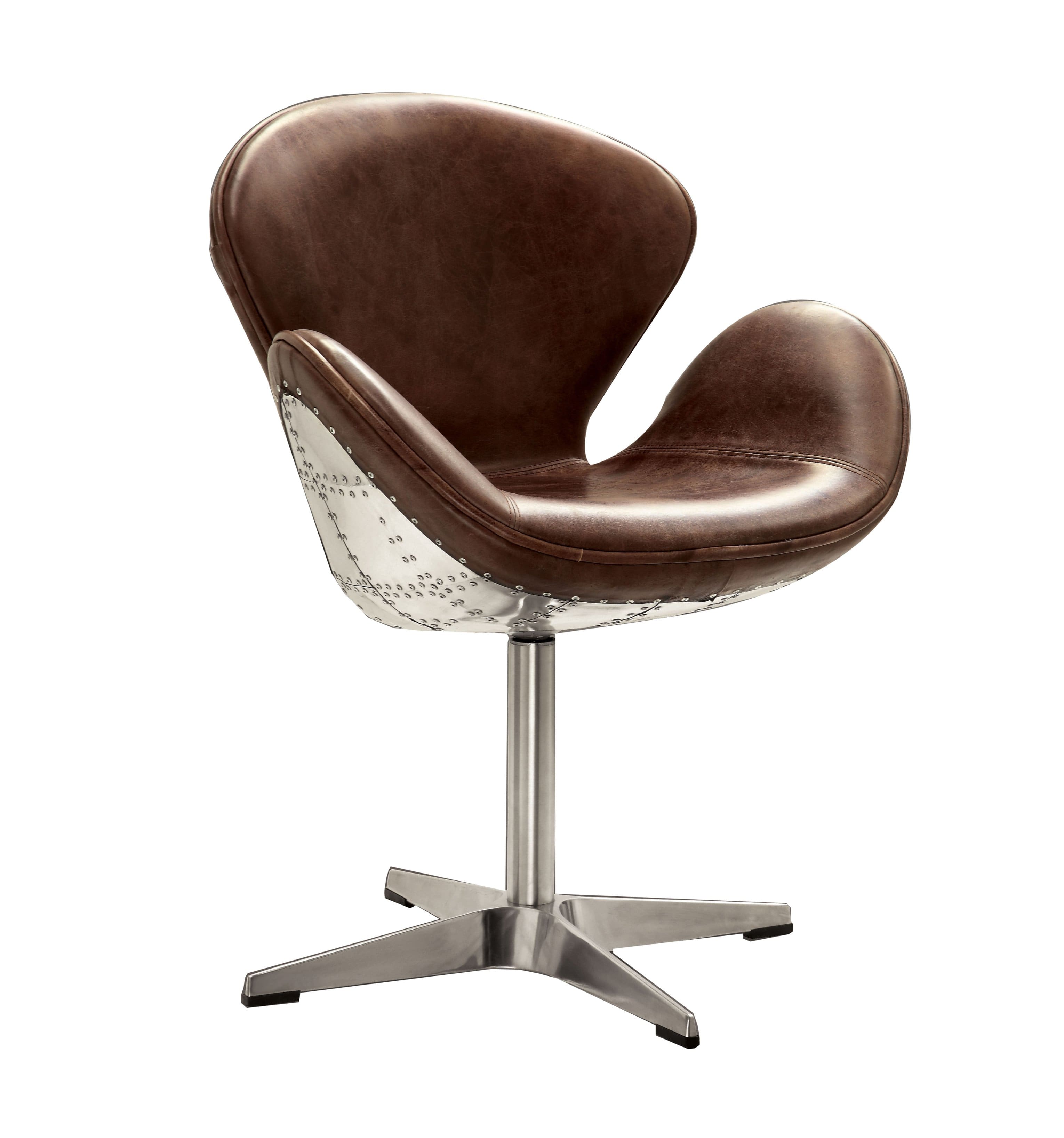 Manhattan Lane - Top Grain Leather Accent Chair with Swivel - Brown & Aluminum