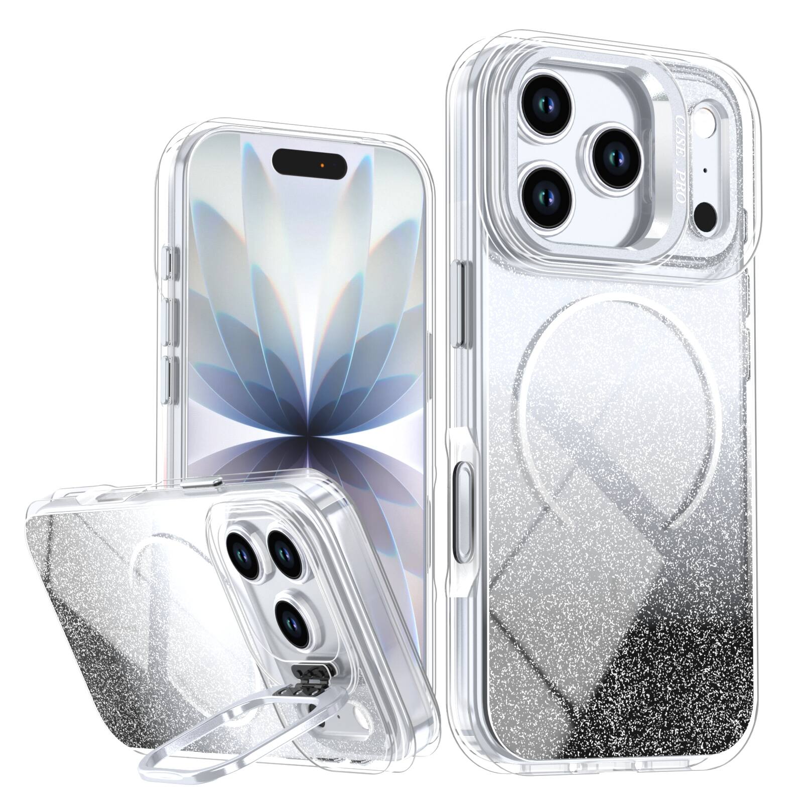 Dteck - Glitter Magnetic Case for Apple iPhone 17 Pro Max with Camera Ring Kickstand, Gradient Shockproof Protective Slim Cover - Black