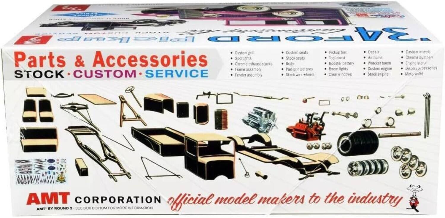 Parts & Accessories  
STOCK • CUSTOM • SERVICE  

1. Custom grill  
2. Spotlights  
3. Chrome exhaust stacks  
4. Frame assembly  
5. Fender assembly  
6. Custom seats  
7. Stock seats  
8. Tool chest  
9. Pad printed tires  
10. Stack wire wheels  
11. Pickup box  
12. Body  
13. Booster battery  
14. Wrecker boom  
15. Engine start  
16. Custom wheels  
17. Chrome bumpers  
18. Display accessories  
19. Decals  
20. Air horns  
21. Custom engine  
22. Stack engine  
23. Boom lights  
24. Clear windows  
25. Body Booster battery  
26. Wrecker boom  
27. Engine start  
28. Frame assembly  
29. Pad printed tires  
30. Boom lights  
31. Custom engine  
32. Display accessories  

AMT CORPORATION  
official model makers to the industry  
AMT BY ROUND 2 • SEE BOX BOTTOM FOR MORE INFORMATION