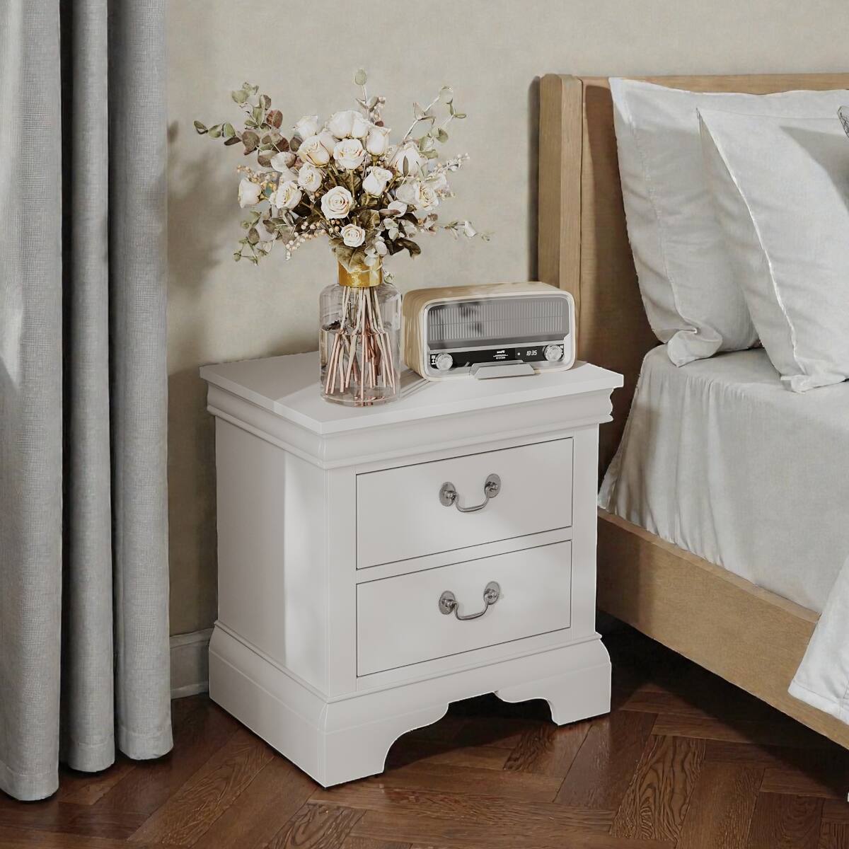 Alt View 6. Loheer - Loheer White Wooden Nightstand, Two Drawers, Classic Style - White.