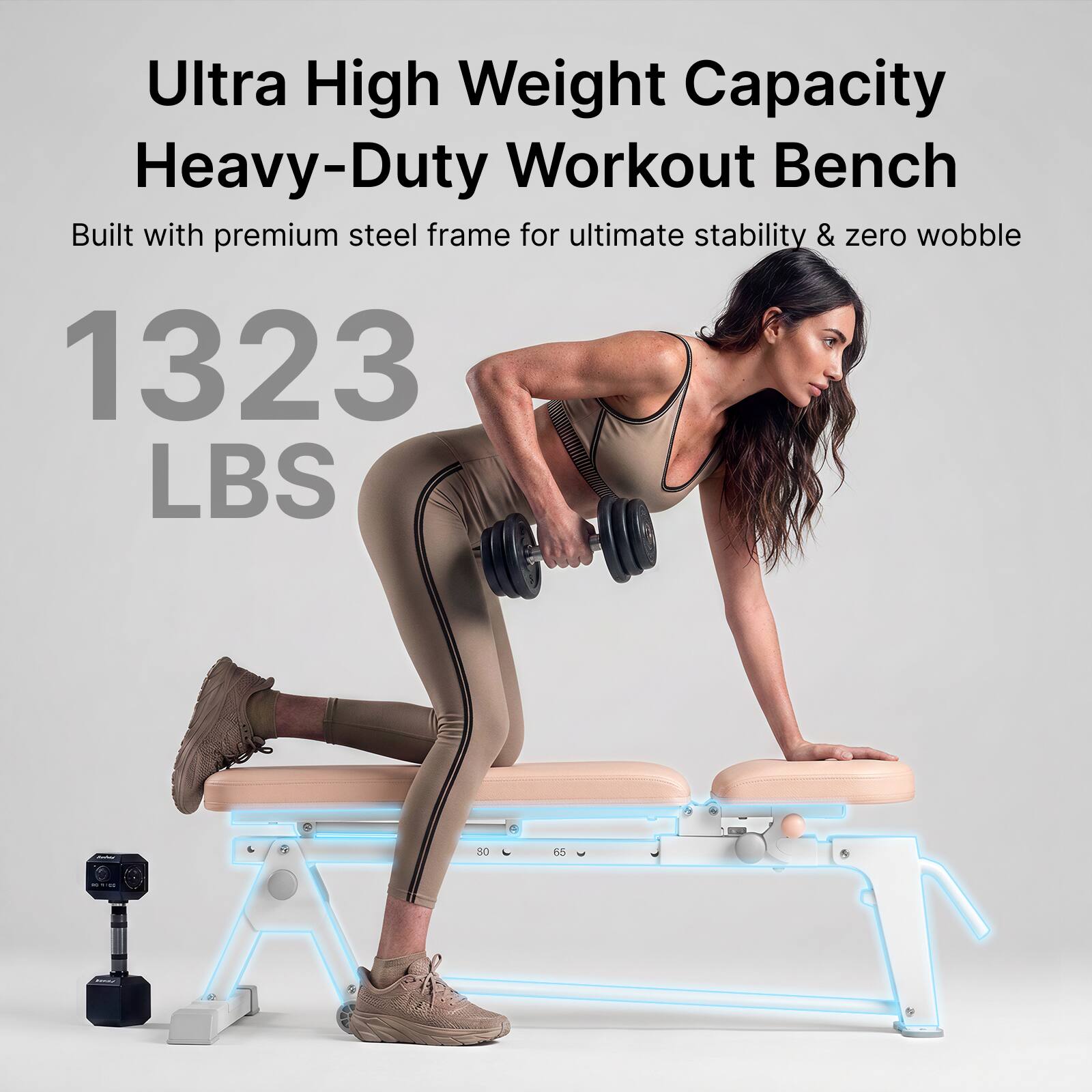 Ultra High Weight Capacity Heavy-Duty Workout Bench  
Built with premium steel frame for ultimate stability & zero wobble  
1323 LBS