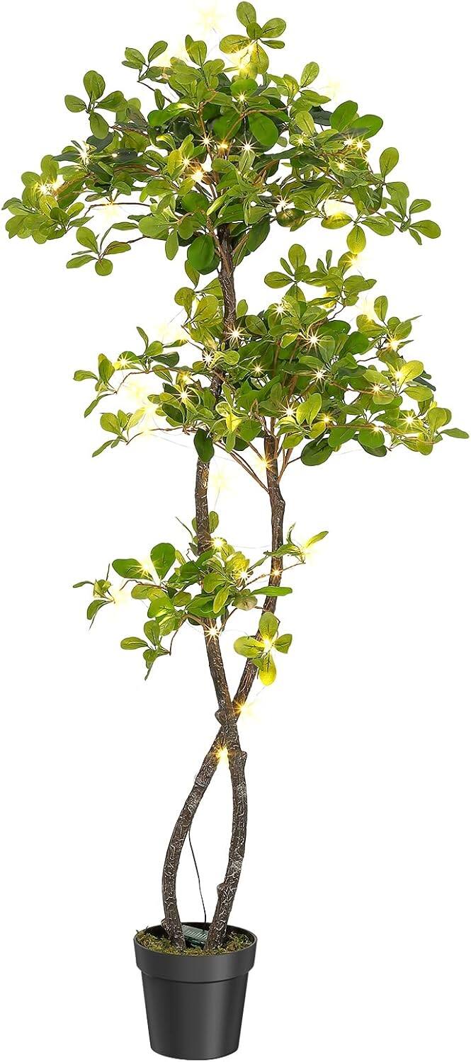 Alt View 2. Homhougo - Artificial Plants Indoor, 5 ft Fake Black Olive Tree with Lights Tall Fake Plants in Plastic Nursery Pot Fake Tree - Green With Light.