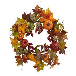 BreeBe - 24" Pumpkin Gourd Berry and Maple Leaf Wreath - Green