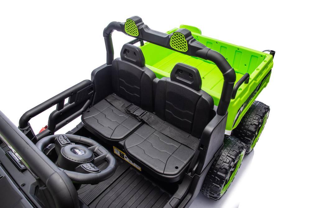 Left. BreeBe - 24V 2-Seater Kids Ride On Dump Truck, 4WD 6-Wheel w/ Remote, Electric Dump Bed, Toy Shovel, Music, Suspension, Ages 3+ - Green.