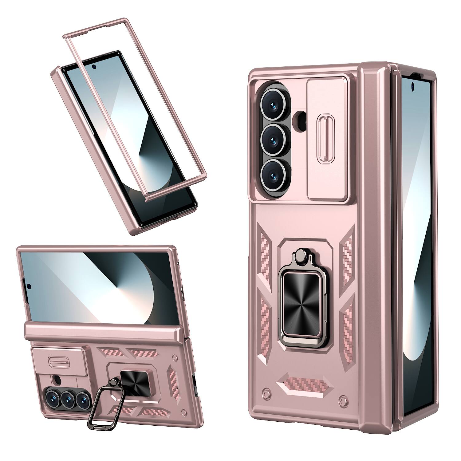 Front. Dteck - Heavy Duty Rugged Case For Samsung Galaxy Z Fold 7 Shockproof Ring Kickstand Hinge Protection With Sliding Lens Cover - Rosegold.