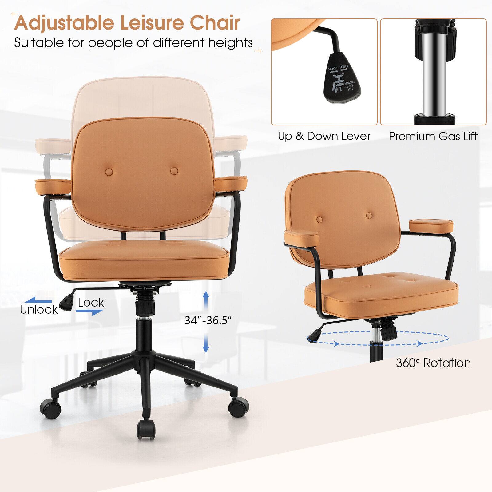 Adjustable Leisure Chair Suitable for people of different heights. Features a 40 an Up & Down Lever, Premium Gas Lift, and Unlock Lock. The chair has a 34"-36.5" height adjustment and 360 Rotation.