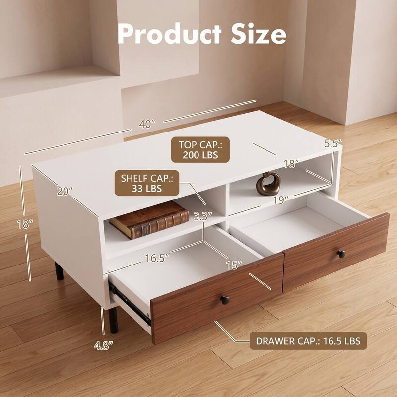 Product Size

- 40"
- 18"
- 20"
- TOP CAP.: 200 LBS
- SHELF CAP.: 33 LBS
- 5.5"
- 18"
- 19"
- 16.5"
- 15"
- 4.8"
- DRAWER CAP.: 16.5 LBS