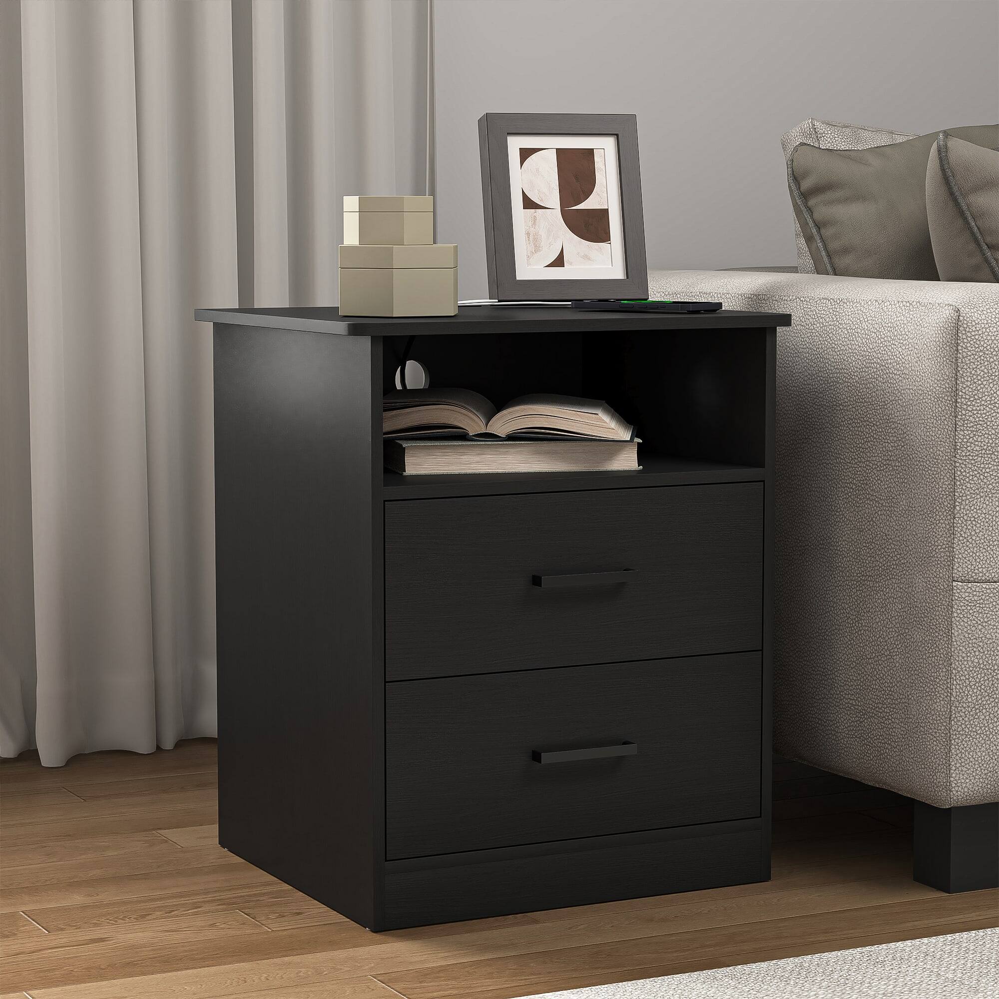 Back. Kadyn - Wood Nightstand With Charging Station, Bedside Table With 2 Drawers, Bedroom Nightstand - Black.