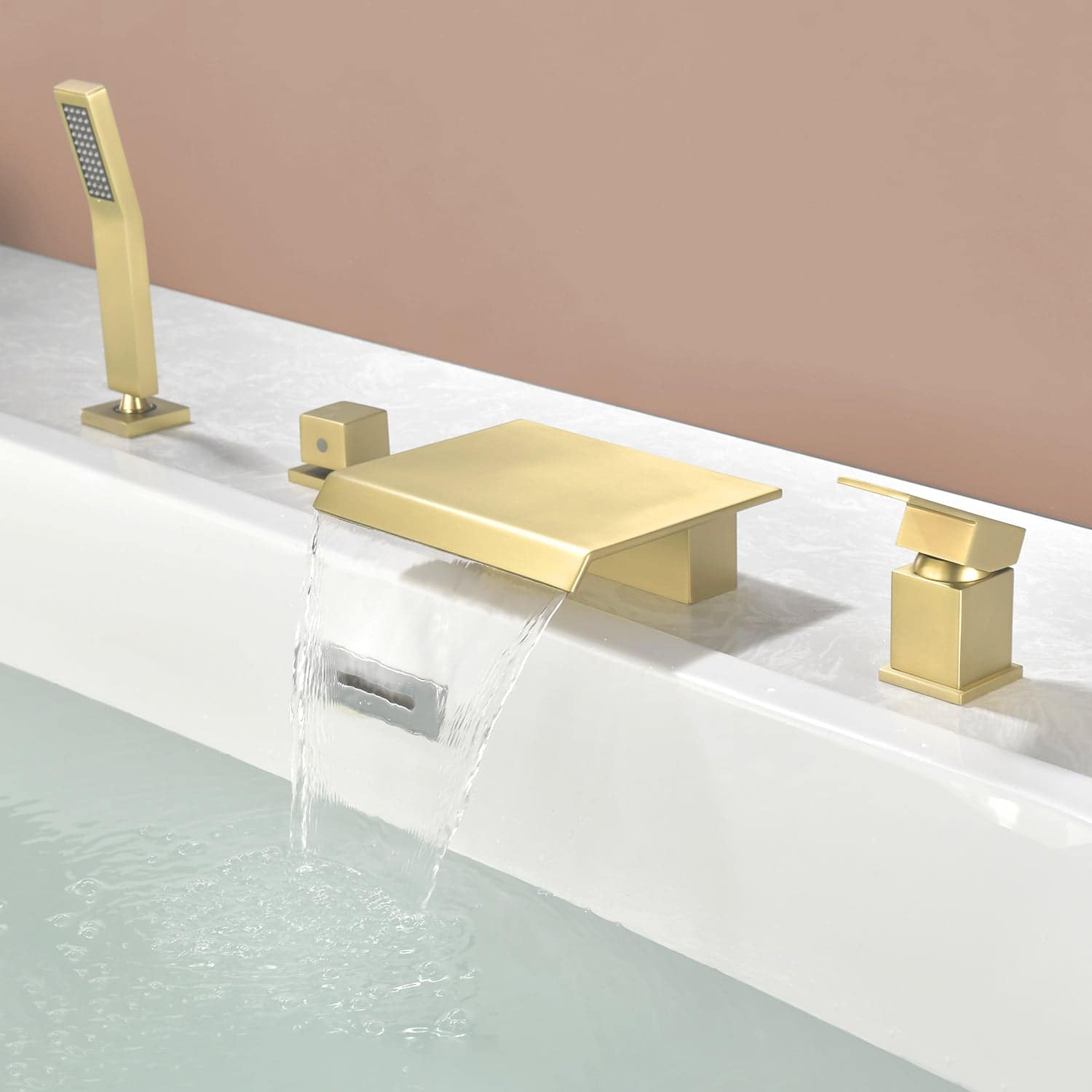 Boyel Living - Polygonal Bathtub Faucet with Handheld Shower and Waterfall Outlet Cold and Hot Dual Control - Brushed Gold