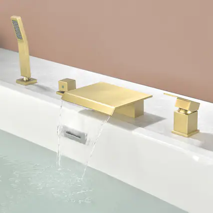 Front. Boyel Living - Brushed Gold Polygonal Bathtub Faucet with Handheld Shower and Waterfall Outlet Cold and Hot Dual Control - Brushed Gold.