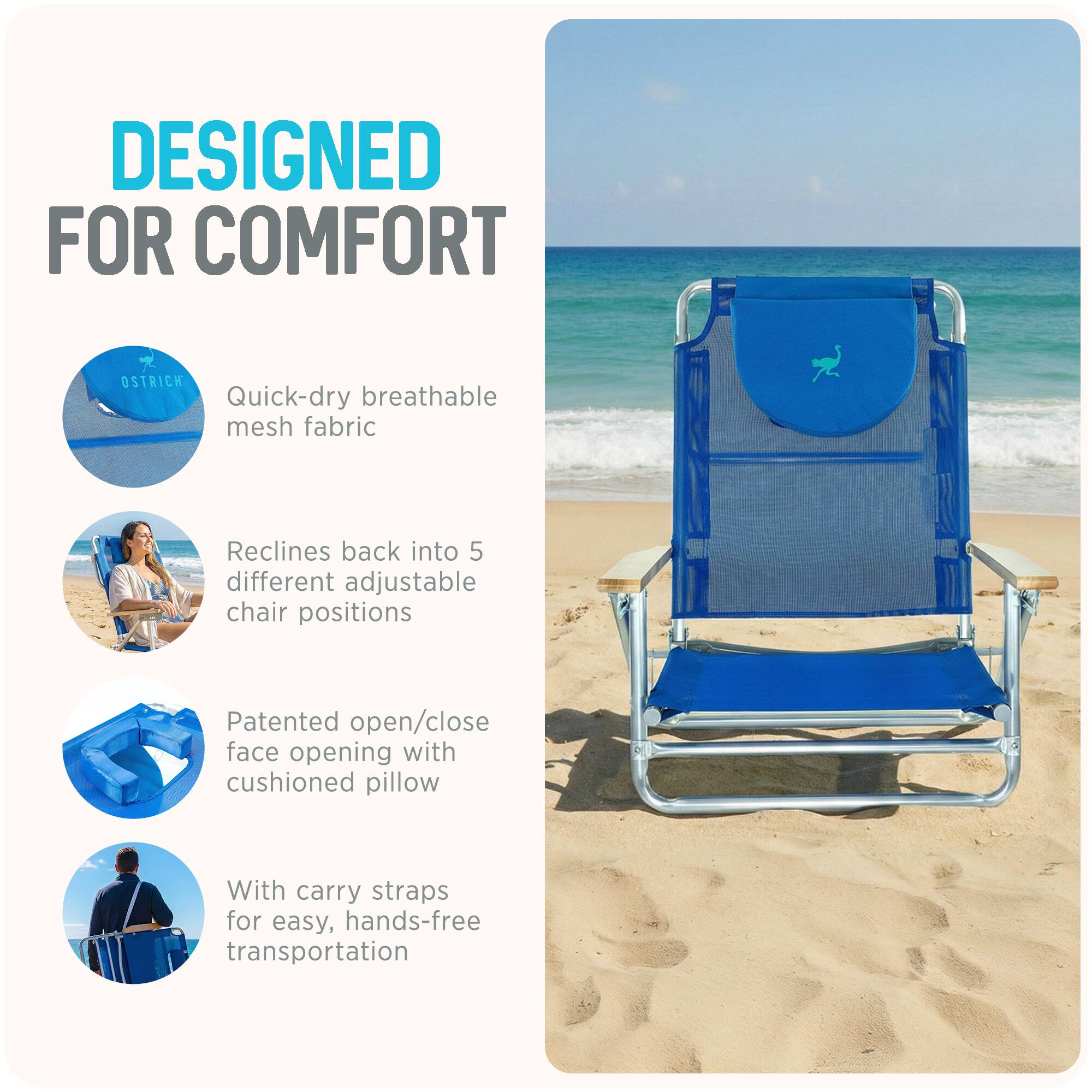 DESIGNED FOR COMFORT

- Quick-dry breathable mesh fabric
- Reclines back into 5 different adjustable chair positions
- Patented open/close face opening with cushioned pillow
- With carry straps for easy, hands-free transportation