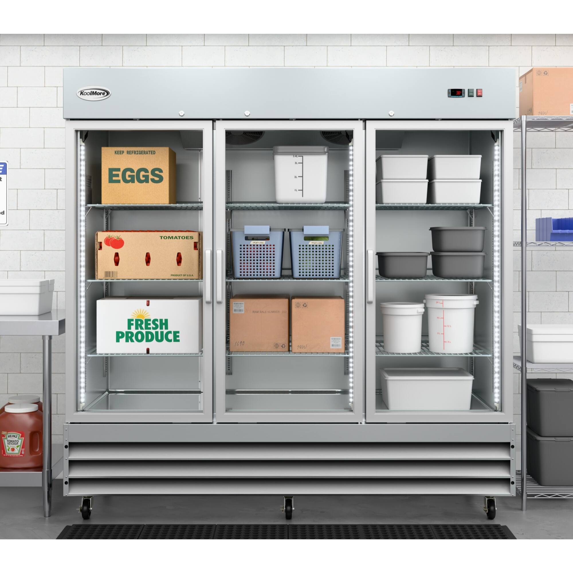 The image shows a refrigerator with a variety of items inside. The refrigerator is filled with boxes of eggs, tomatoes, and other fresh produce. The eggs are located in the top left section of the refrigerator, while the tomatoes are placed in the middle section. The fresh produce is organized in a way that allows for easy access and efficient storage. The refrigerator is designed to maintain the freshness and quality of the items, ensuring that they remain in good condition for consumption.