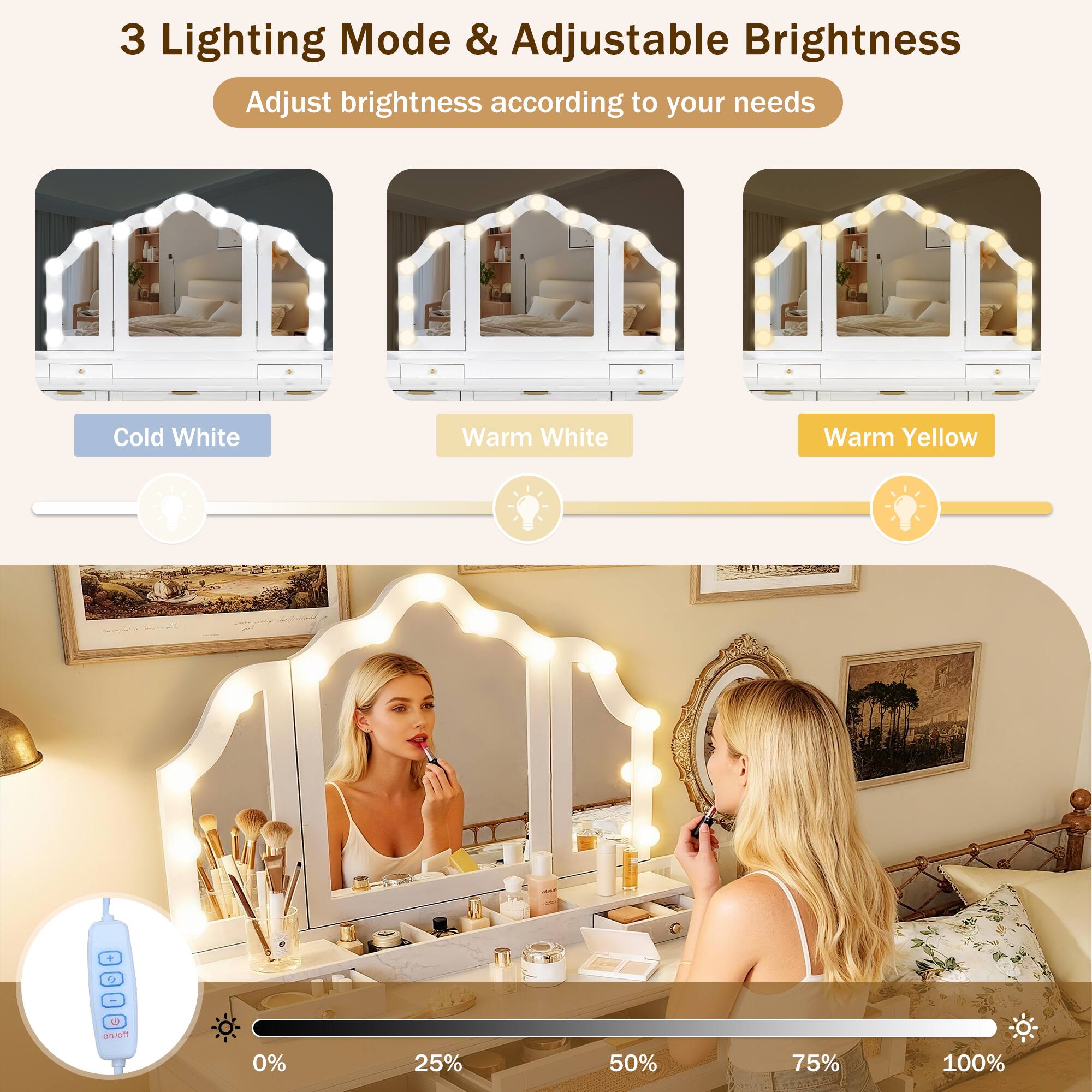 3 Lighting Mode & Adjustable Brightness  
Adjust brightness according to your needs  

Cold White  
Warm White  
Warm Yellow  

0% 25% 50% 75% 100%