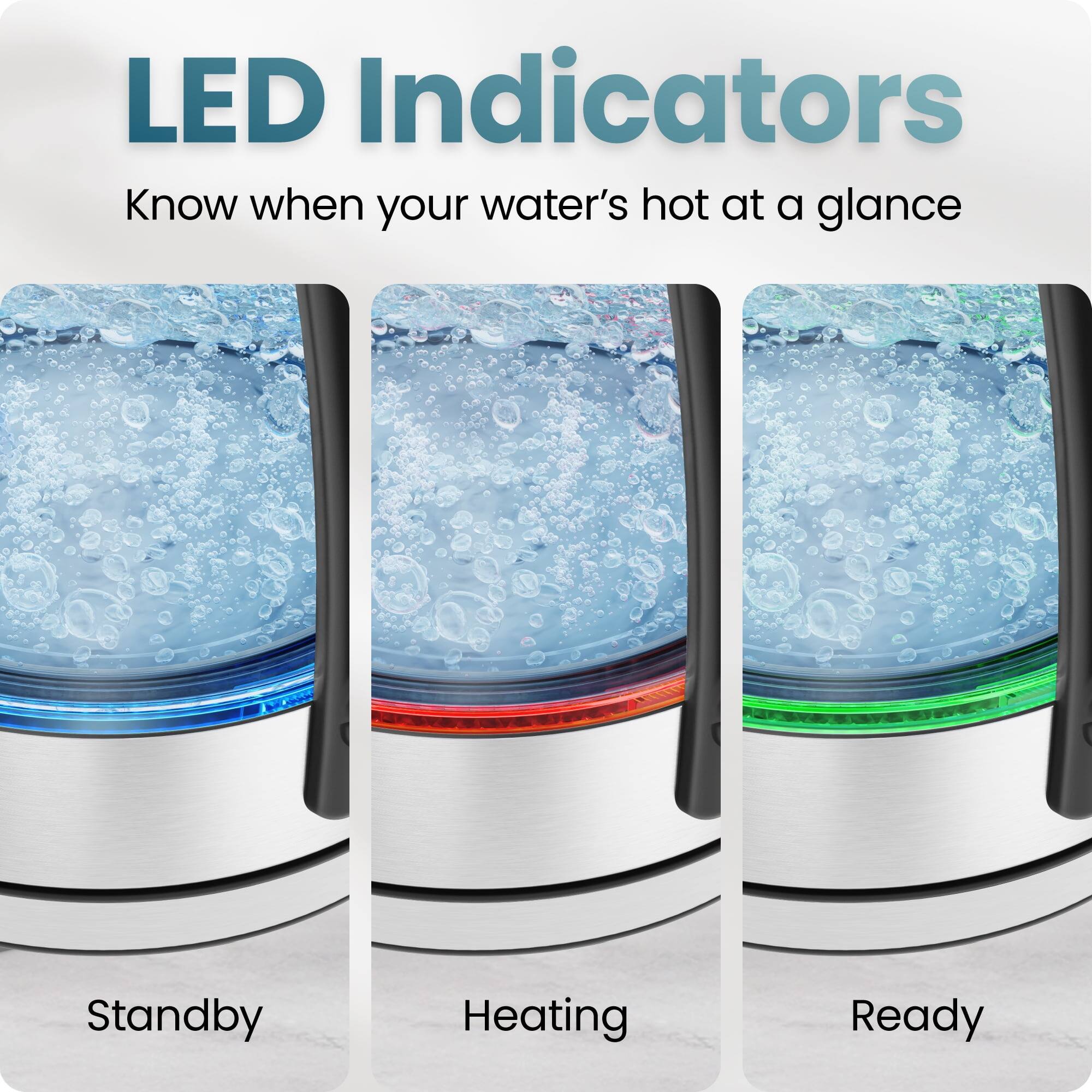 LED Indicators  
Know when your water's hot at a glance  

Standby  
Heating  
Ready
