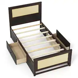 Costway - Twin Size Rattan Bed Frame with Storage Drawers, Rattan Woven Headboard & Footboard - Espresso